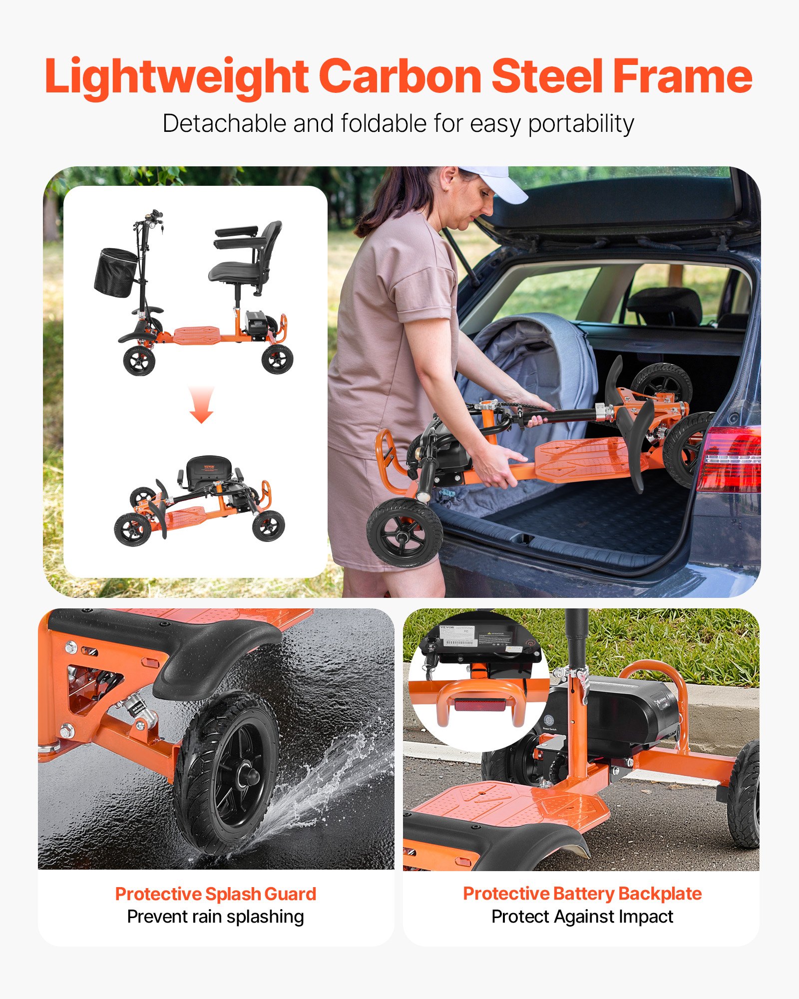 VEVOR Scooter Elettrico a 4 Ruota Pieghevole, Fuoristrada, Capacità di Salita di 8°, Capacità di Carico di 120 kg, con Batteria al Litio da 48 V 5,2 Ah, Scooter per Adulti, Anziani, Disabili