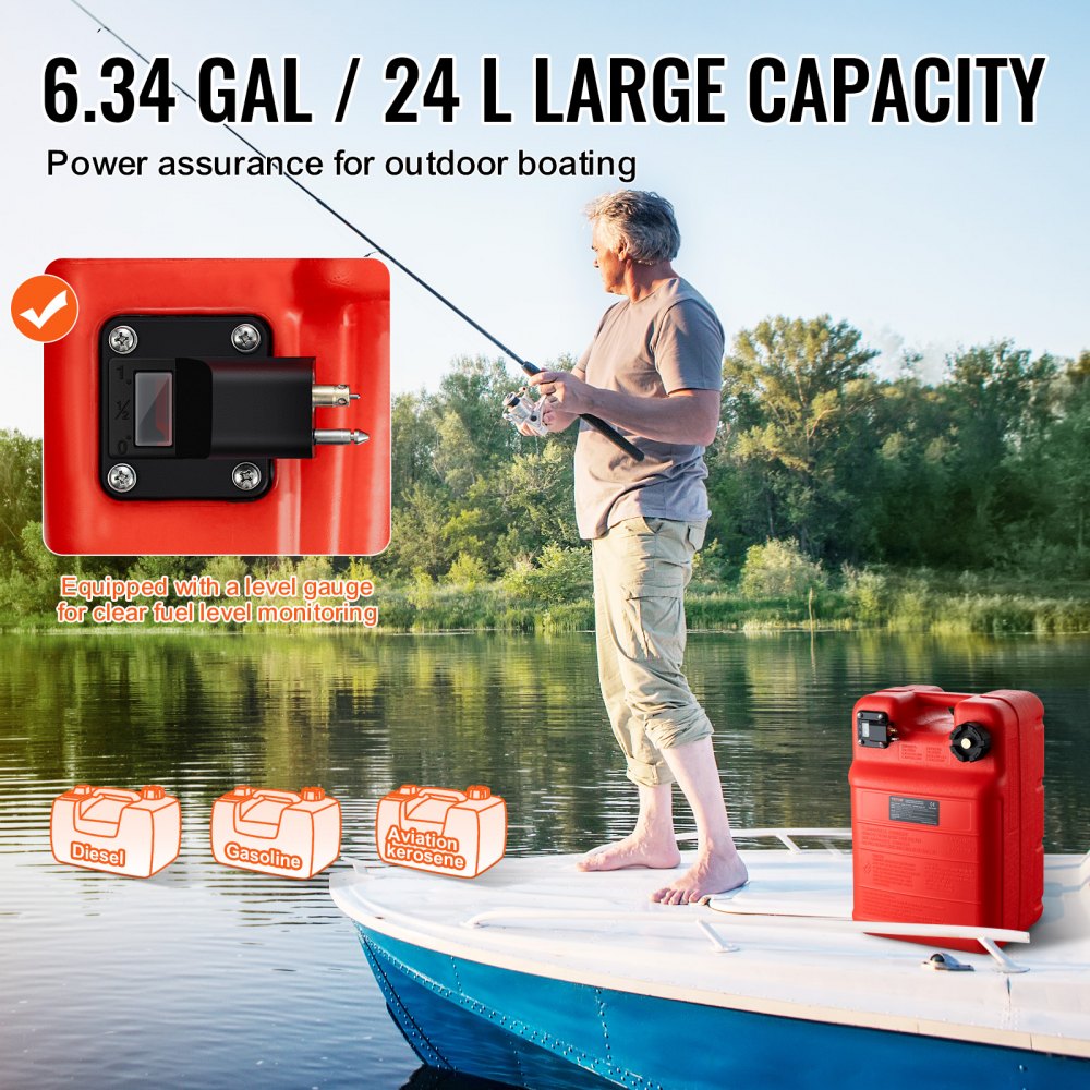 VEVOR Serbatoio Carburante Marino 24 L Serbatoio Carburante per Barche Portatile per Barche con Motore Fuoribordo, Serbatoio Carburante per Barche Marine Fuoribordo Plastica con Tubo Flessibile, Rosso