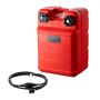 Serbatoio carburante marino VEVOR rosso con tubo carburante nero, dettagli sulla capacità e avvertenze di sicurezza visibili.