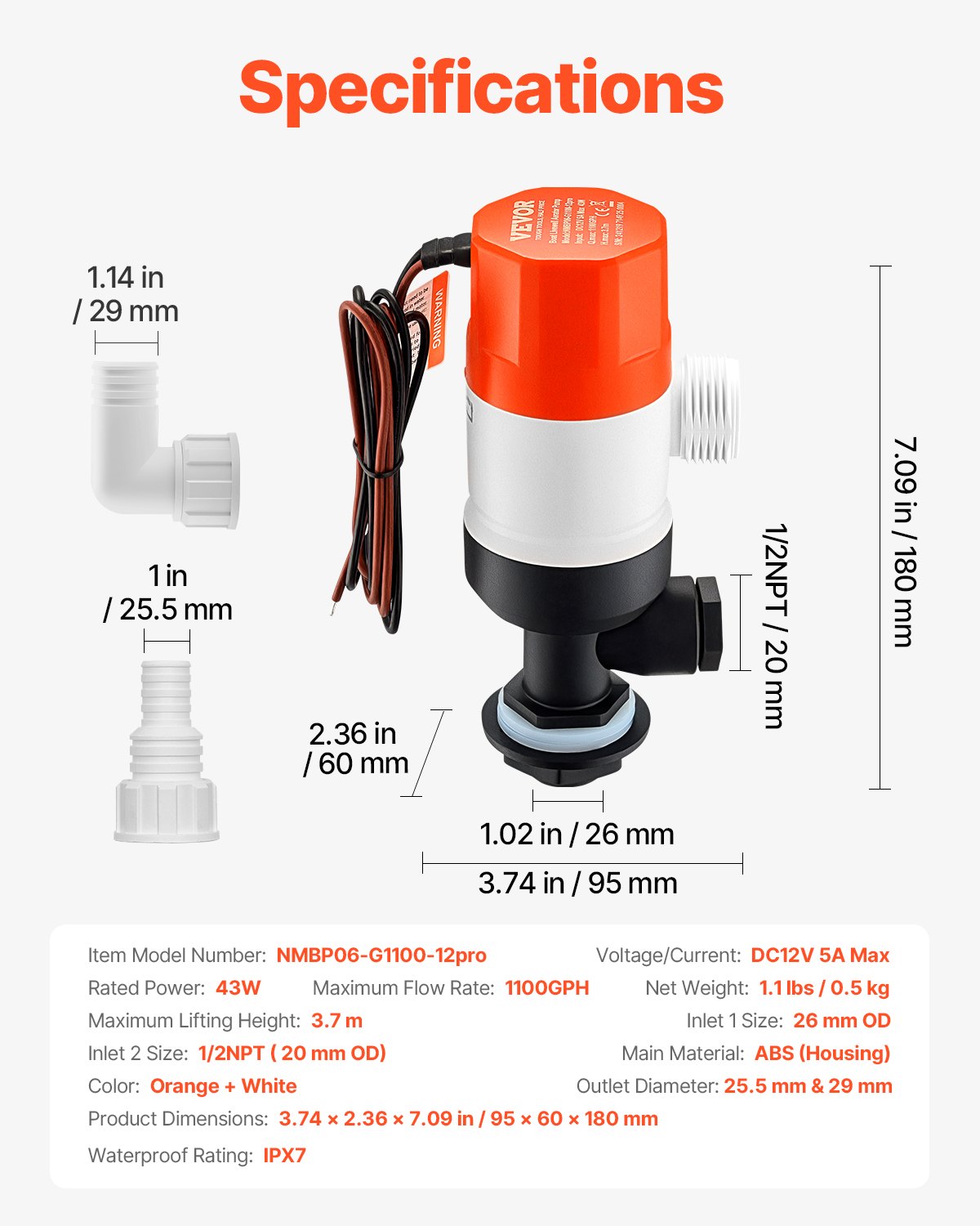 VEVOR 12V 1100 GPH straight livewell aeration pump for boats with dual inlet, ABA housing, removable motor cartridge, corrosion-resistant livewell aeration pump for fresh and salt water