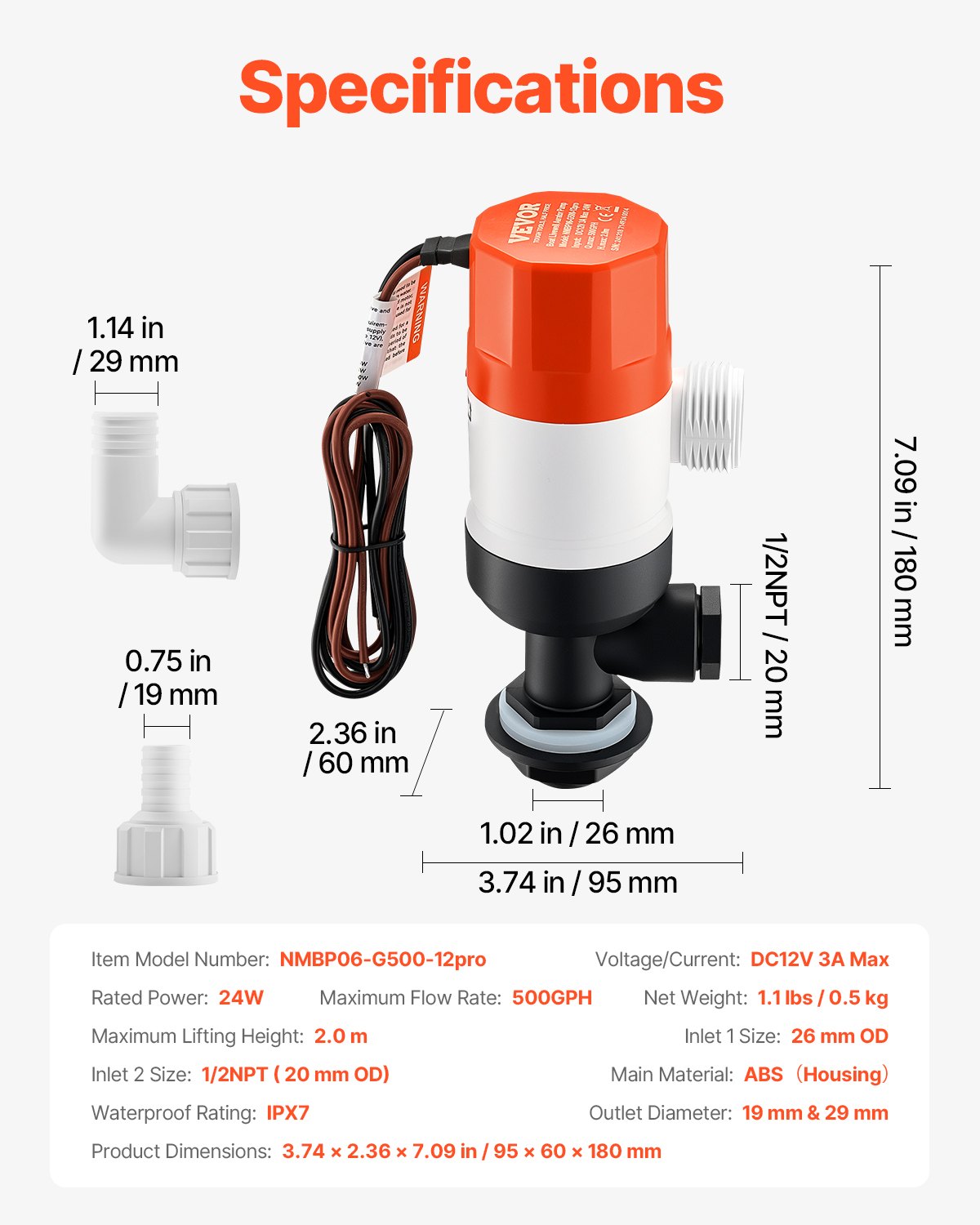 VEVOR 12V 500 GPH straight livewell aeration pump for boats with dual inlet, ABA housing, removable motor cartridge, corrosion-resistant livewell aeration pump for fresh and salt water
