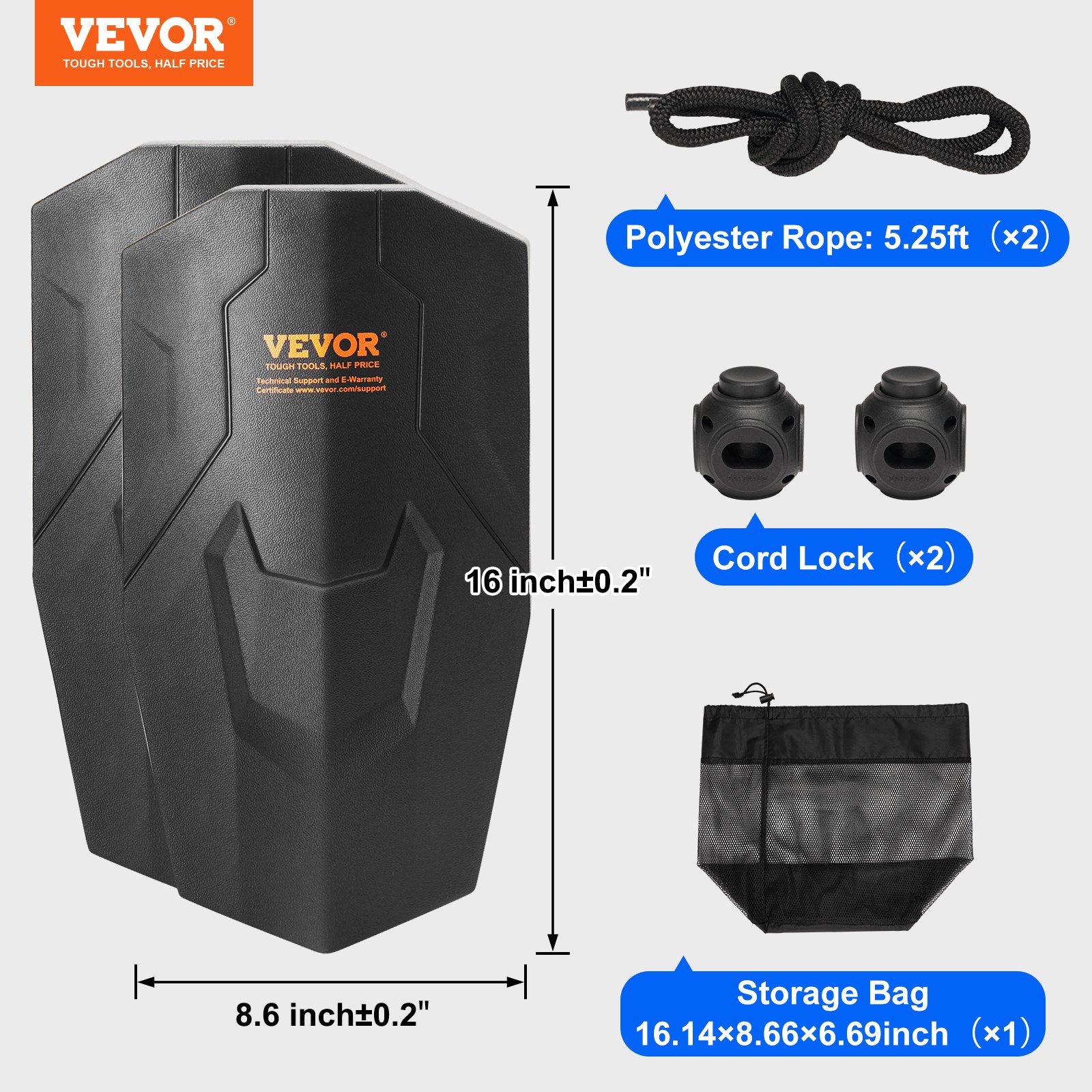 VEVOR Fender Set 2 Fenders 21.84 x 40.64 cm EVA Boat Fenders, Horizontal or Vertical Mounting, Dock Fenders with Polyester Ropes & Cable Lock, Storage Bag, UV-Protected Boat Fenders Black