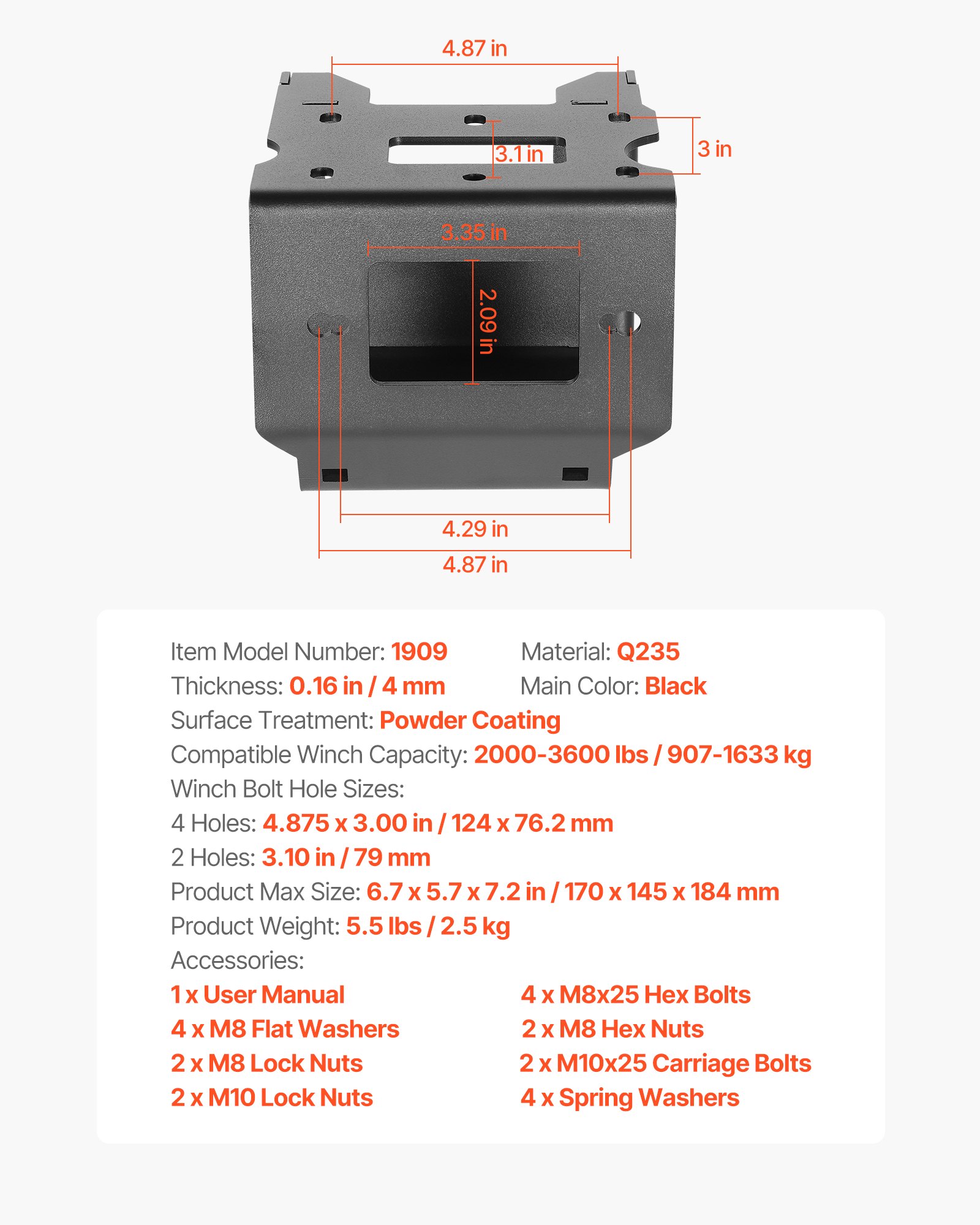 VEVOR Supporto per Verricello per Veicoli, Carico di 907 a 1633 kg Attacco per Verricello per Gancio di Traino per Modelli Polaris Sportsman Selezionati 2009 e Successivi, Design a 2 Fori di Montaggio