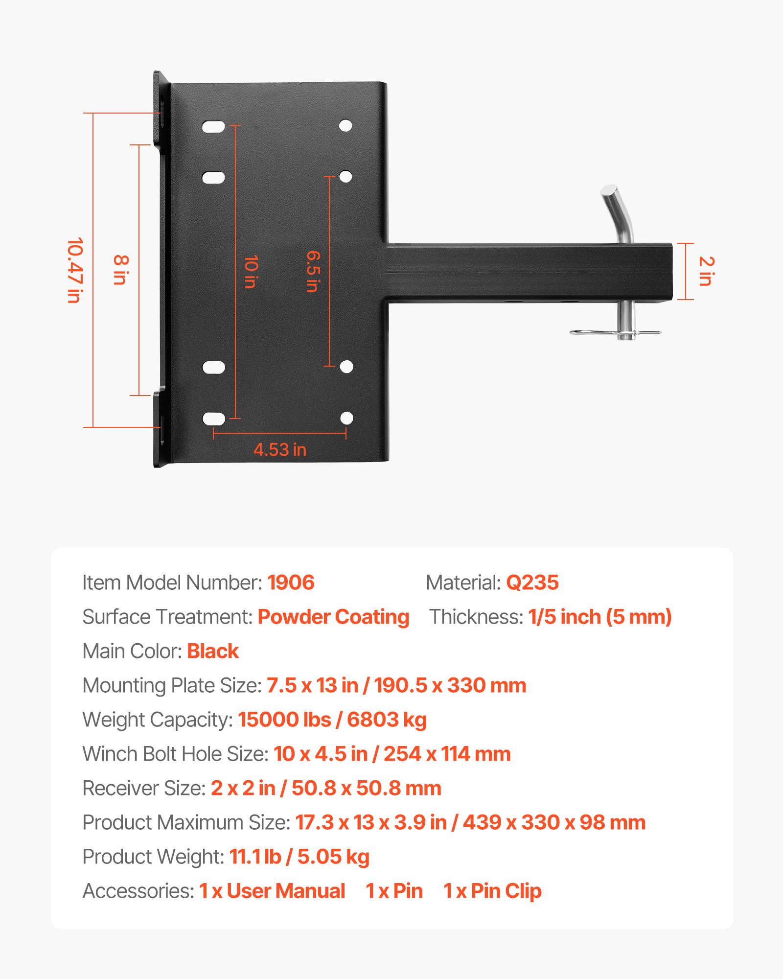 VEVOR Universal Trailer Hitch Mount, 6803 kg, Winch Mounting Plate Receiver 50.8 mm, with 2-Hole Mounting, Powder-Coated Steel, for Mountain Bikes, UTVs, Trucks, Black