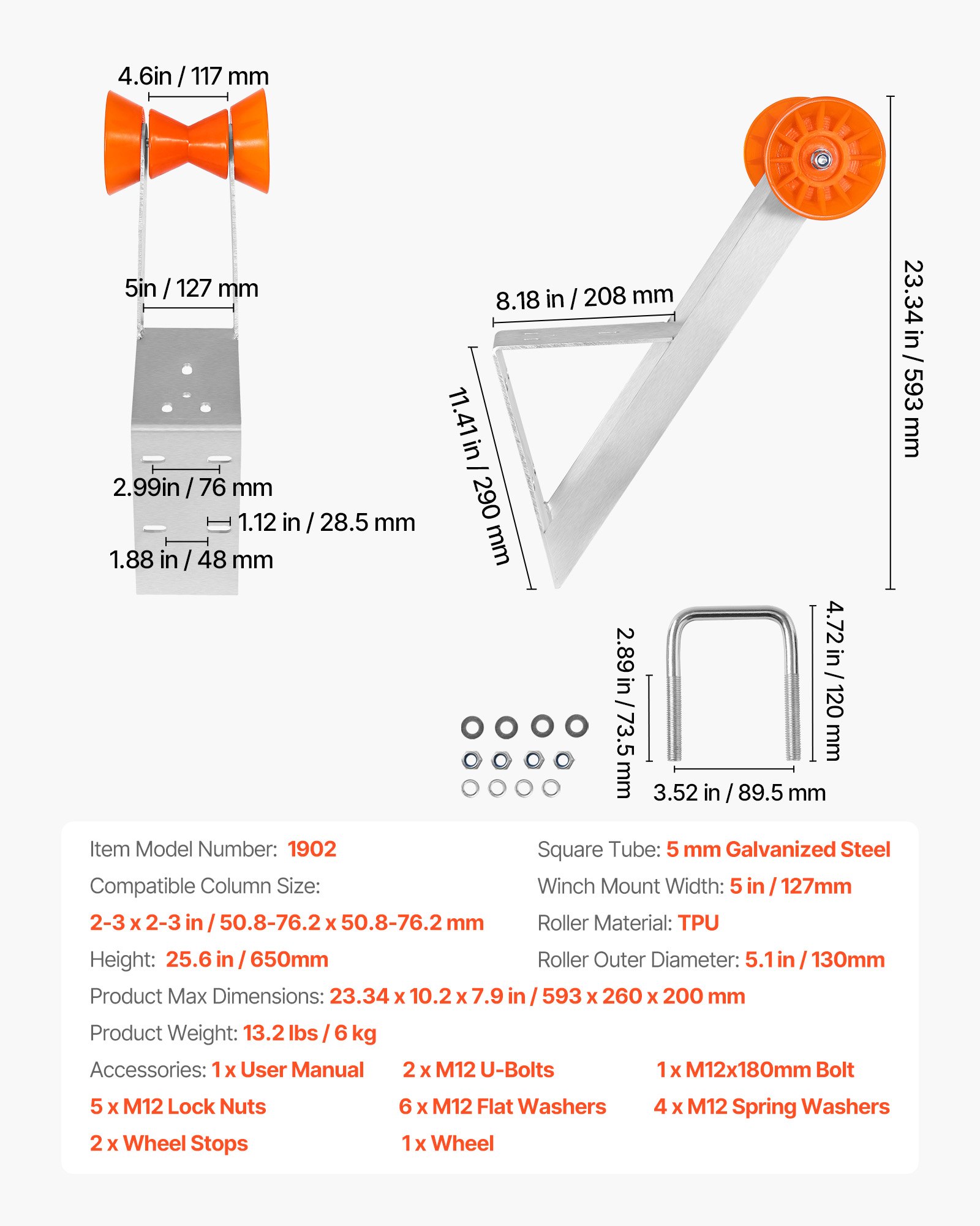 VEVOR Supporto per Verricello per Rimorchio per Barche, per Colonna da 50,8-76,2 mm Sedile per Verricello per Rimorchio Barca con Rullo Arancione in TPU e Bulloni a U, Zincato, Argento