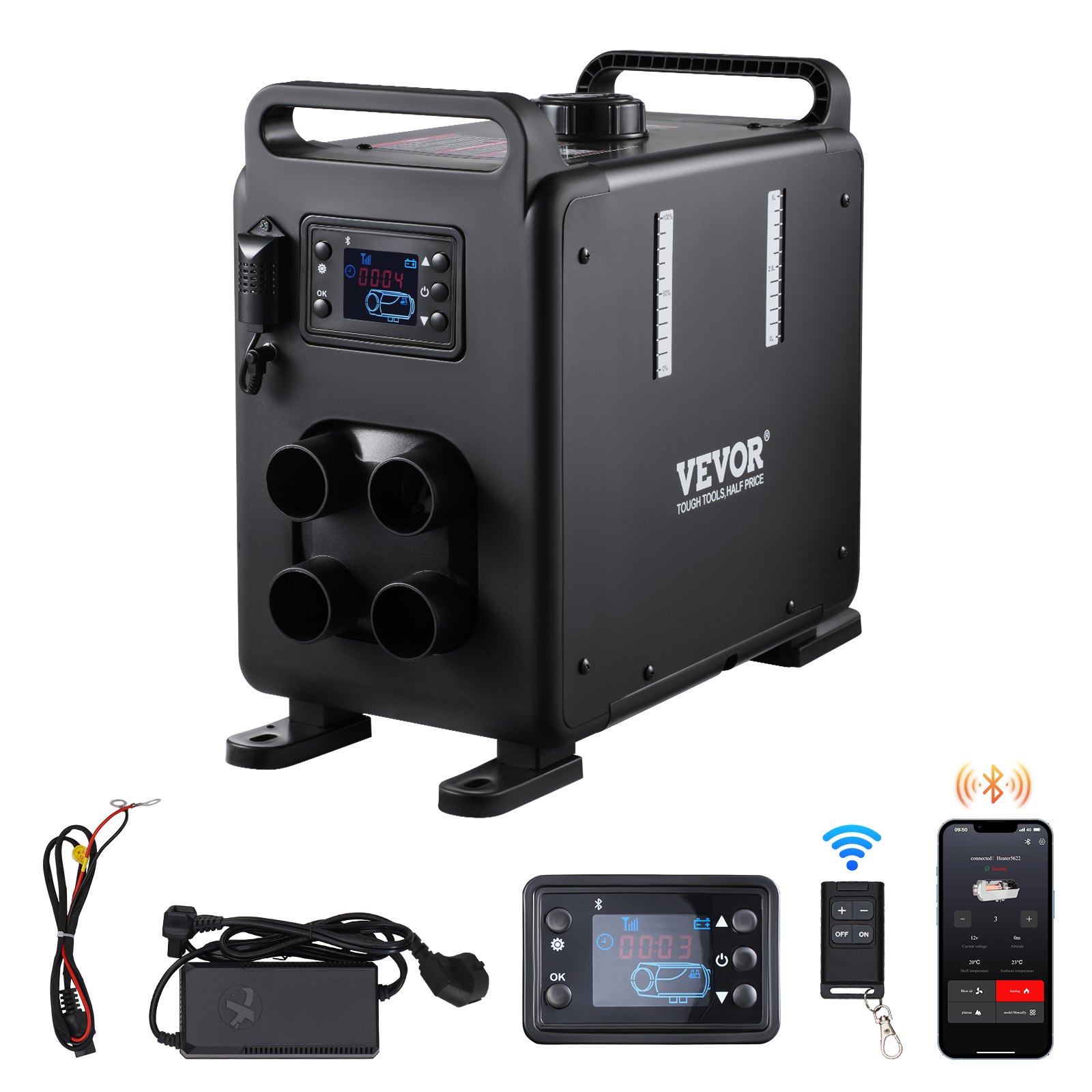 VEVOR Riscaldatore d'Aria Diesel con Controllo APP Bluetooth, Telecomando e Schermo di Visualizzazione, Allarme CO, Riscaldatore Diesel a Riscaldamento Portatile per Veicoli e Garage 8 KW, 12V/24V