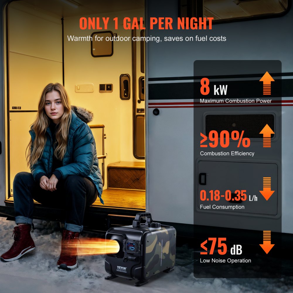 VEVOR Riscaldatore d'Aria Diesel 5-8KW, 12V/24V, con Controllo APP Bluetooth, Telecomando e Schermo di Visualizzazione, Allarme CO, Riscaldatore Diesel a Riscaldamento Portatile per Veicoli e Garage