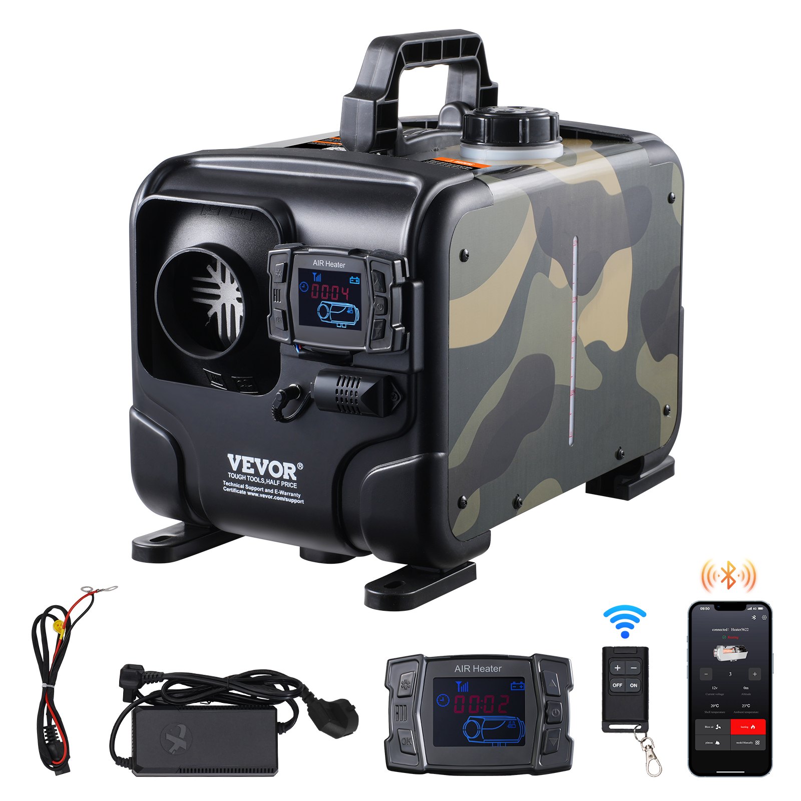 VEVOR Riscaldatore d'Aria Diesel 5-8KW, 12V/24V, con Controllo APP Bluetooth, Telecomando e Schermo di Visualizzazione, Allarme CO, Riscaldatore Diesel a Riscaldamento Portatile per Veicoli e Garage