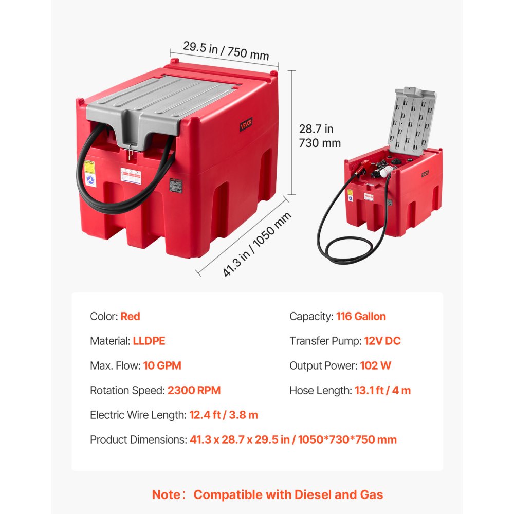 VEVOR Serbatoio Portatile per Diesel Benzina 440 Litri Portata 10 GPM, Serbatoio per Carburante Diesel con Pompa di Trasferimento Elettrica da 12 V, Tubo Flessibile, Trasporto del Carburante, Rosso