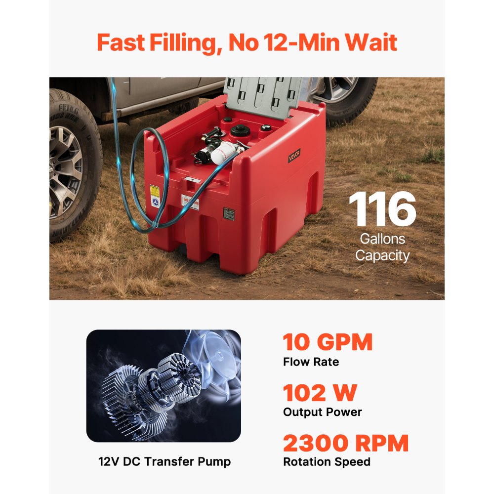VEVOR Serbatoio Portatile per Diesel Benzina 440 Litri Portata 10 GPM, Serbatoio per Carburante Diesel con Pompa di Trasferimento Elettrica da 12 V, Tubo Flessibile, Trasporto del Carburante, Rosso
