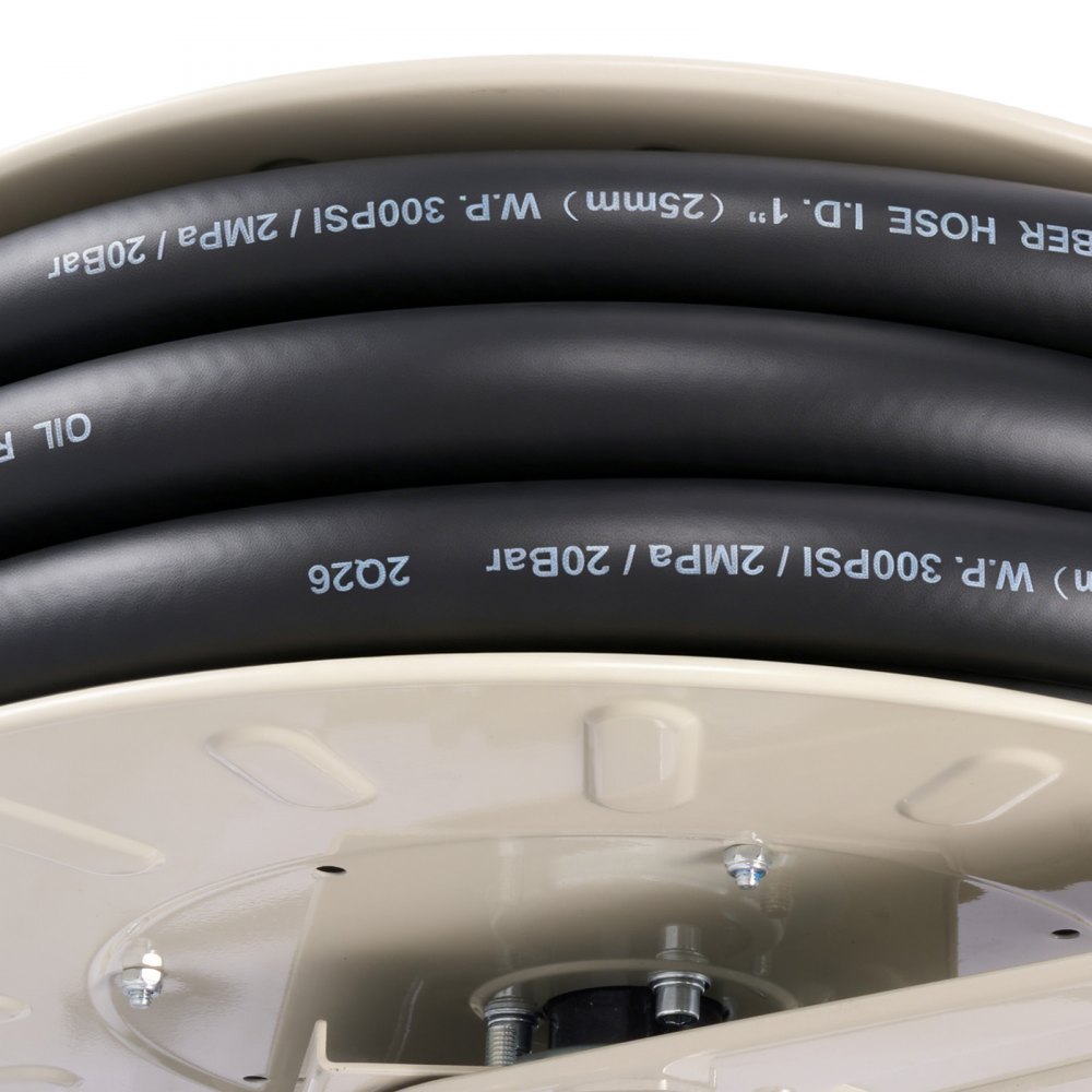 VEVOR Avvolgitubo per Carburante 25,4 x 9900 mm, Retrattile, 300 PSI per Gasolio, con Riavvolgimento Automatico a Molla e Supporto Girevole, Robusta Struttura in Acciaio al Carbonio con Tubo in Gomma
