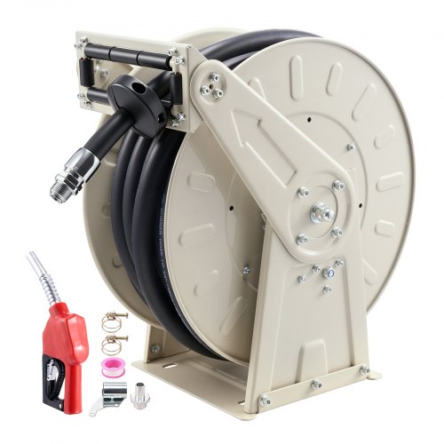 VEVOR Avvolgitubo per Carburante Tubo in Gomma Industriale Ø19,05mm x 19,8m, Retrattile, Riavvolgimento Automatico a Molla Girevole, 300 PSI, Struttura in Acciaio al Carbonio, per Gasolio e Cherosene