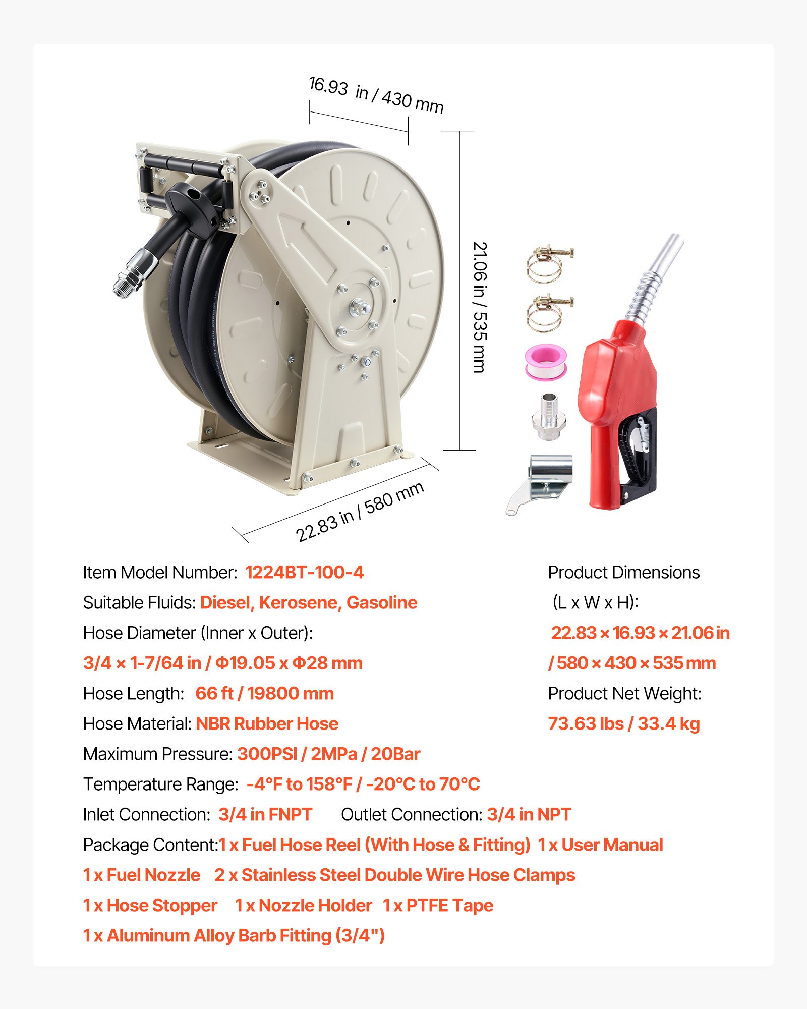 VEVOR Avvolgitubo per Carburante Tubo in Gomma Industriale Ø19,05mm x 19,8m, Retrattile, Riavvolgimento Automatico a Molla Girevole, 300 PSI, Struttura in Acciaio al Carbonio, per Gasolio e Cherosene