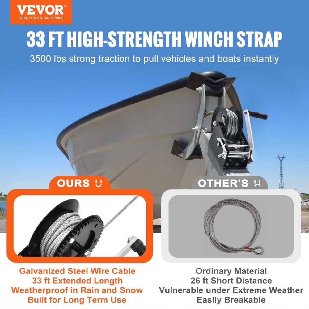 VEVOR winch 1587.5kg hand winch 260x147x182mm boat winch 2-way ratchet/2-speed hand winch with approx. 10m cable strap winch with ergonomic handle hand rope pull winch for vehicles and boats