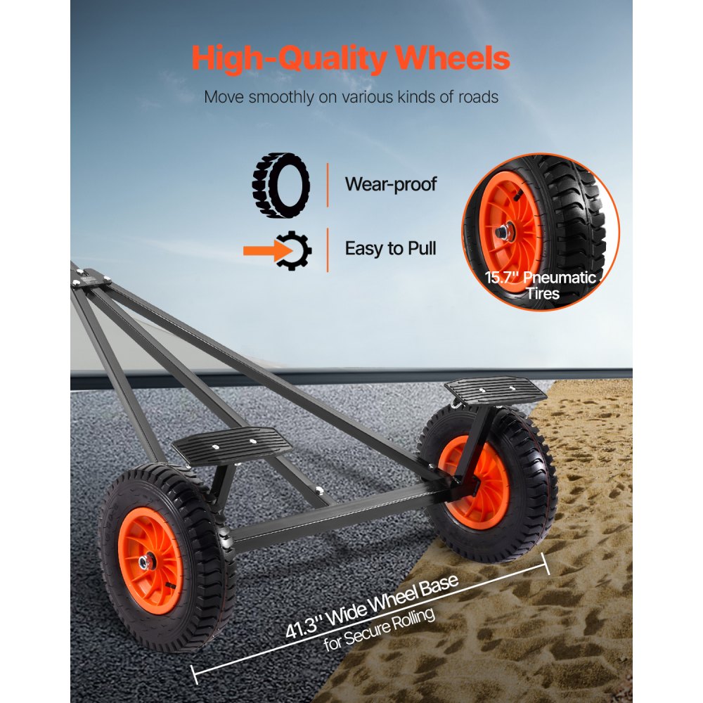 VEVOR Boat Trailer Transport Trolley, Maneuvering Aid Trailer, 190 kg Support Load, 40 cm Pneumatic Tires, Carbon Steel, Non-Slip Mounting, for Moving Kayaks, Motorboats and Fishing Boats