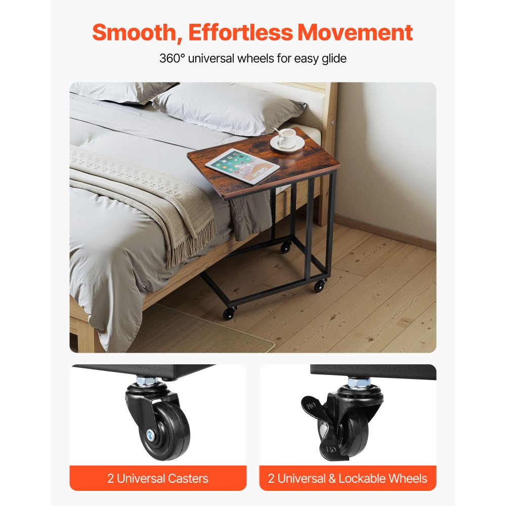 VEVOR Tavolino a Forma di C, Tavolino Laterale con Struttura in Metallo e Rotelle, Supporto per Computer, 500 x 350 x 605 mm, Mobiletto da Salotto per Camera da Letto, Ufficio, Marrone e Nero