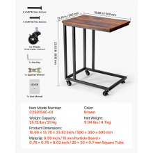 VEVOR Tavolino a Forma di C, Tavolino Laterale con Struttura in Metallo e Rotelle, Supporto per Computer, 500 x 350 x 605 mm, Mobiletto da Salotto per Camera da Letto, Ufficio, Marrone e Nero