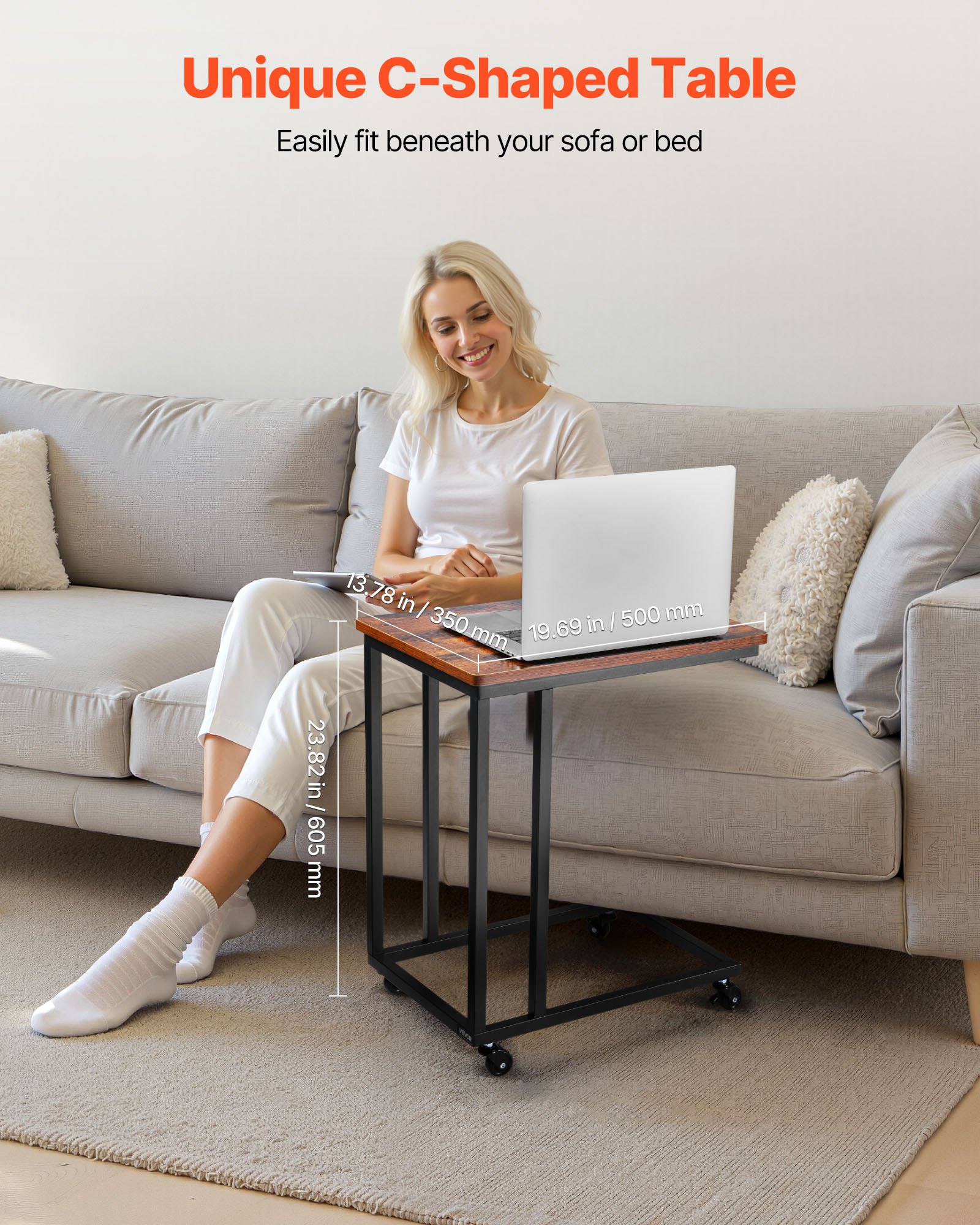 VEVOR Tavolino a Forma di C, Tavolino Laterale con Struttura in Metallo e Rotelle, Supporto per Computer, 500 x 350 x 605 mm, Mobiletto da Salotto per Camera da Letto, Ufficio, Marrone e Nero