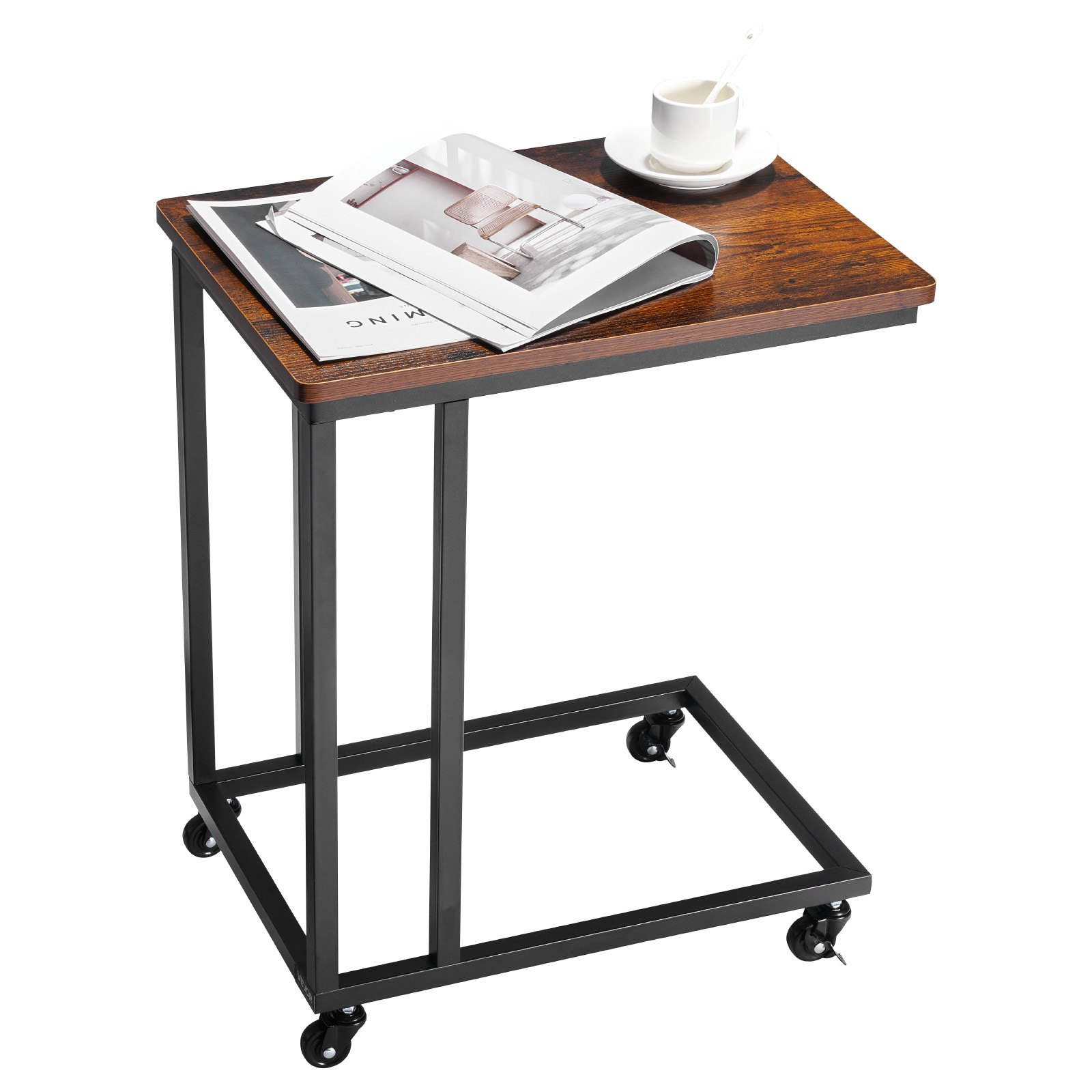 VEVOR Tavolino a Forma di C, Tavolino Laterale con Struttura in Metallo e Rotelle, Supporto per Computer, 500 x 350 x 605 mm, Mobiletto da Salotto per Camera da Letto, Ufficio, Marrone e Nero