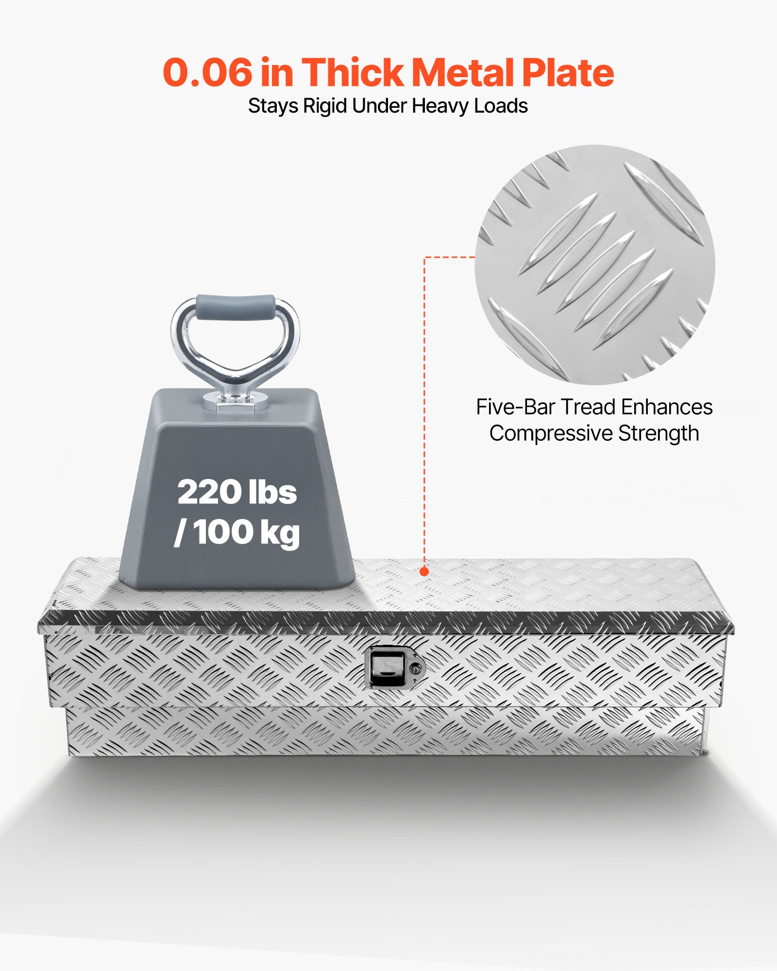VEVOR Truck Bed Tool Box, Heavy Duty Aluminum Tool Box with Tread Patterns, Storage Toolbox Chest Organizer with Lock and Key, Ideal for Pickup, Truck Bed, RV, Trailer, 1219 x 340 x 330 mm, Silver