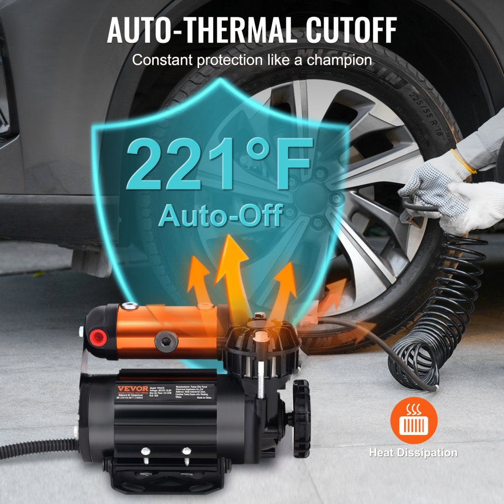 VEVOR Compressore d'Aria per Auto Veicoli Portatile 12V Pressione Massima 150PSI con Tubo 5,5m, Compressore a Secco ad Aria Portata Max. 100L / min Cavo di Alimenttazione 3m, Compressore 12V per Auto