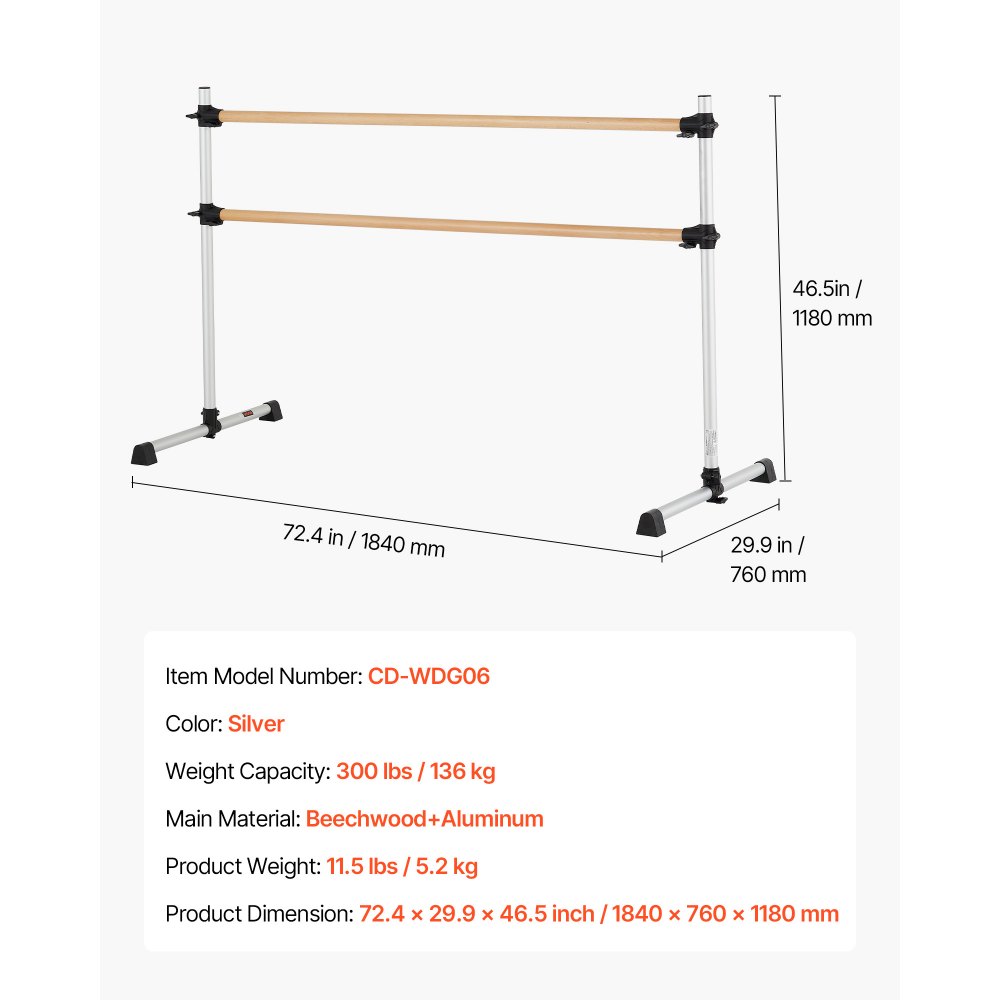 VEVOR Sbarra da Danza Classica, Doppia Sbarre da Danza per Stretching Classica Indipendenti, da Palestra Anti-oscillazione Regolabile in Altezza, Allenamento di Equilibrio, 1840 x 760 x 1180 mm
