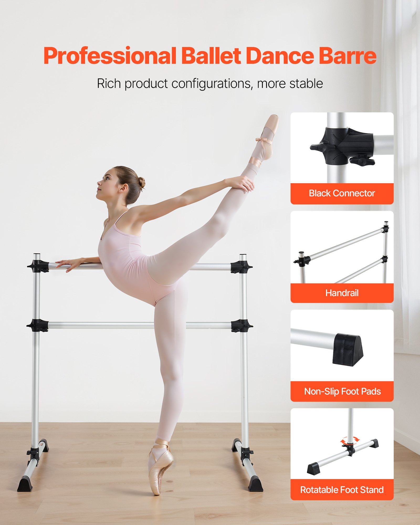 VEVOR Sbarra per Balletto Danza Classica, Sbarra Doppia Autoportante Capacità Carico 136 kg, Altezza Regolabile 170-1165 mm, in Alluminio per Danza Stretching, Allenamento dell'Equilibrio