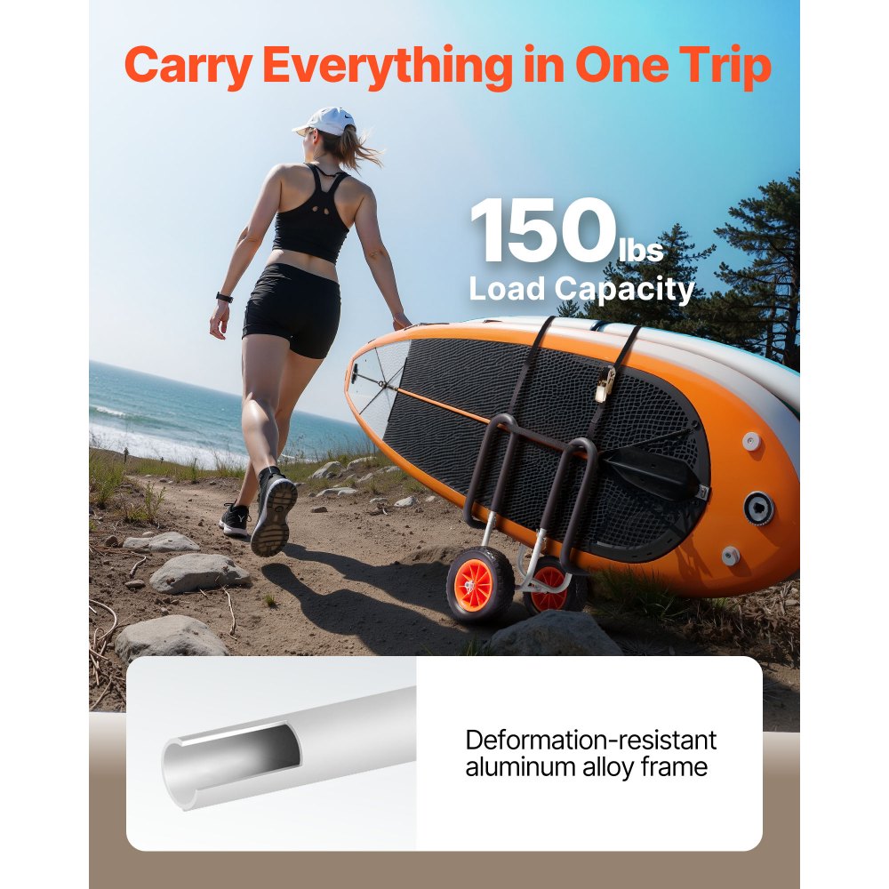 VEVOR Carrello per Kayak, Capacità di Carico 68,0 kg, con Pneumatici in Gomma Piena da 25,4 cm e Cavalletti, Supporto per Tavola da Paddleboard con Cinghia a Cricchetto per il Trasporto di Surf