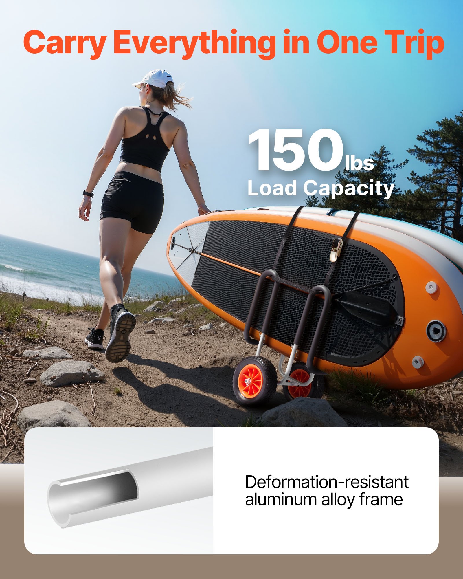 VEVOR Carrello per Kayak, Capacità di Carico 68,0 kg, con Pneumatici in Gomma Piena da 25,4 cm e Cavalletti, Supporto per Tavola da Paddleboard con Cinghia a Cricchetto per il Trasporto di Surf