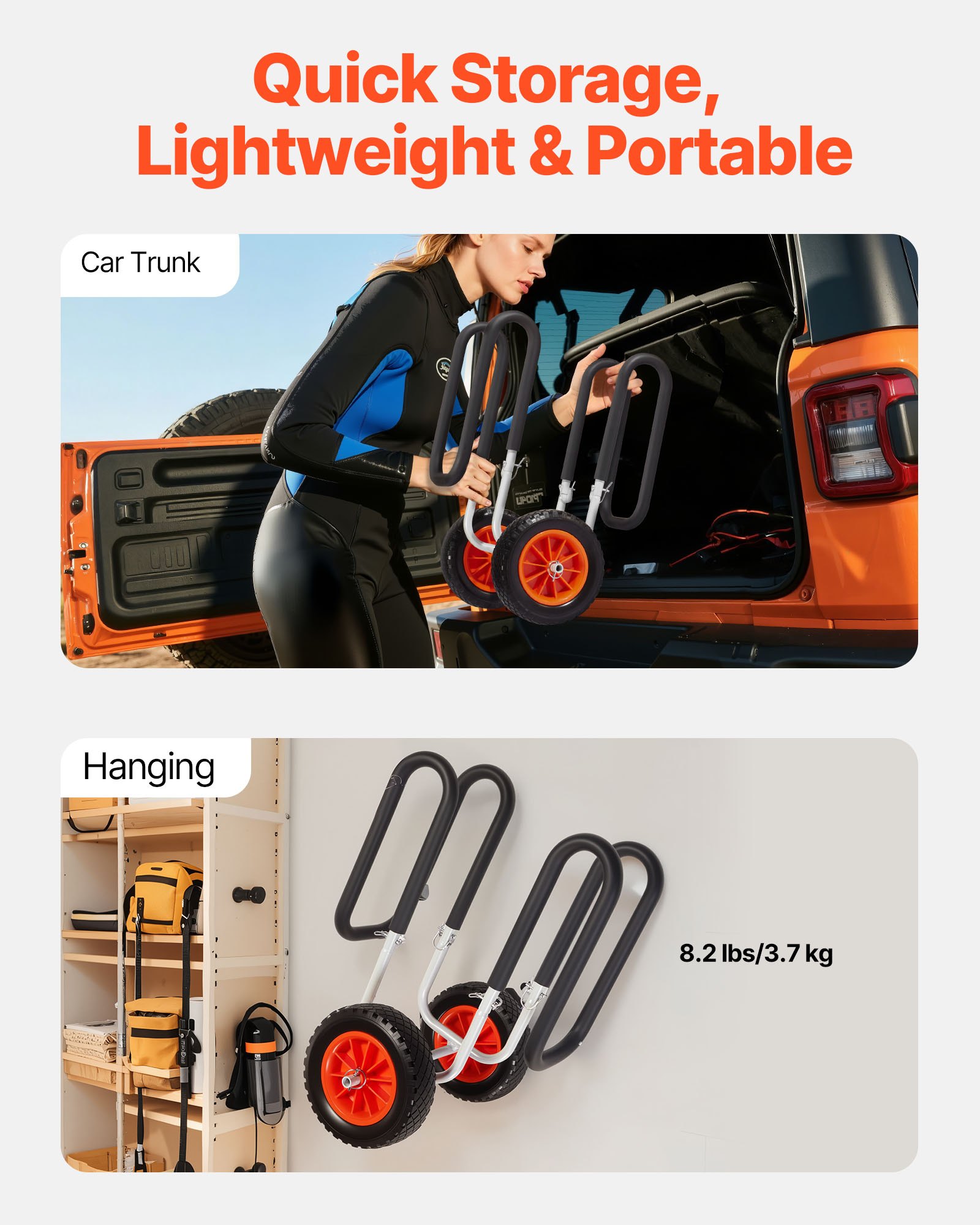 VEVOR Carrello per Kayak, Capacità di Carico 68,0 kg, con Pneumatici in Gomma Piena da 25,4 cm e Cavalletti, Supporto per Tavola da Paddleboard con Cinghia a Cricchetto per il Trasporto di Surf