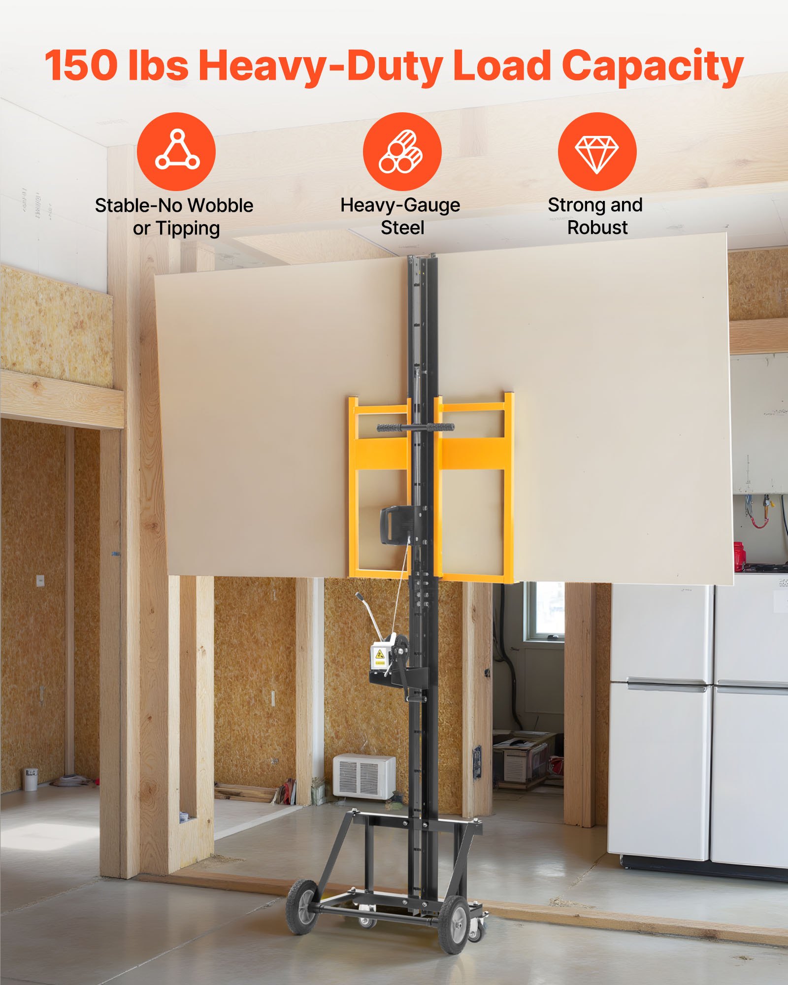 VEVOR Sollevatore per Cartongesso, Sollevatore Verticale per Pannelli max. 1219x4878 mm Carico 68 kg per Installazione a Soffitto e Parete, Installazione di Cartongesso, con Ruote, Giallo