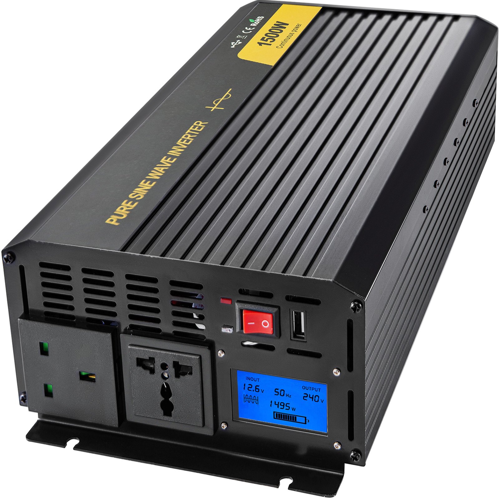 Vevor Inverter Onda Sinusoidale Pura 1500w Dc 12v A Ac 240v Invertitore Per Auto