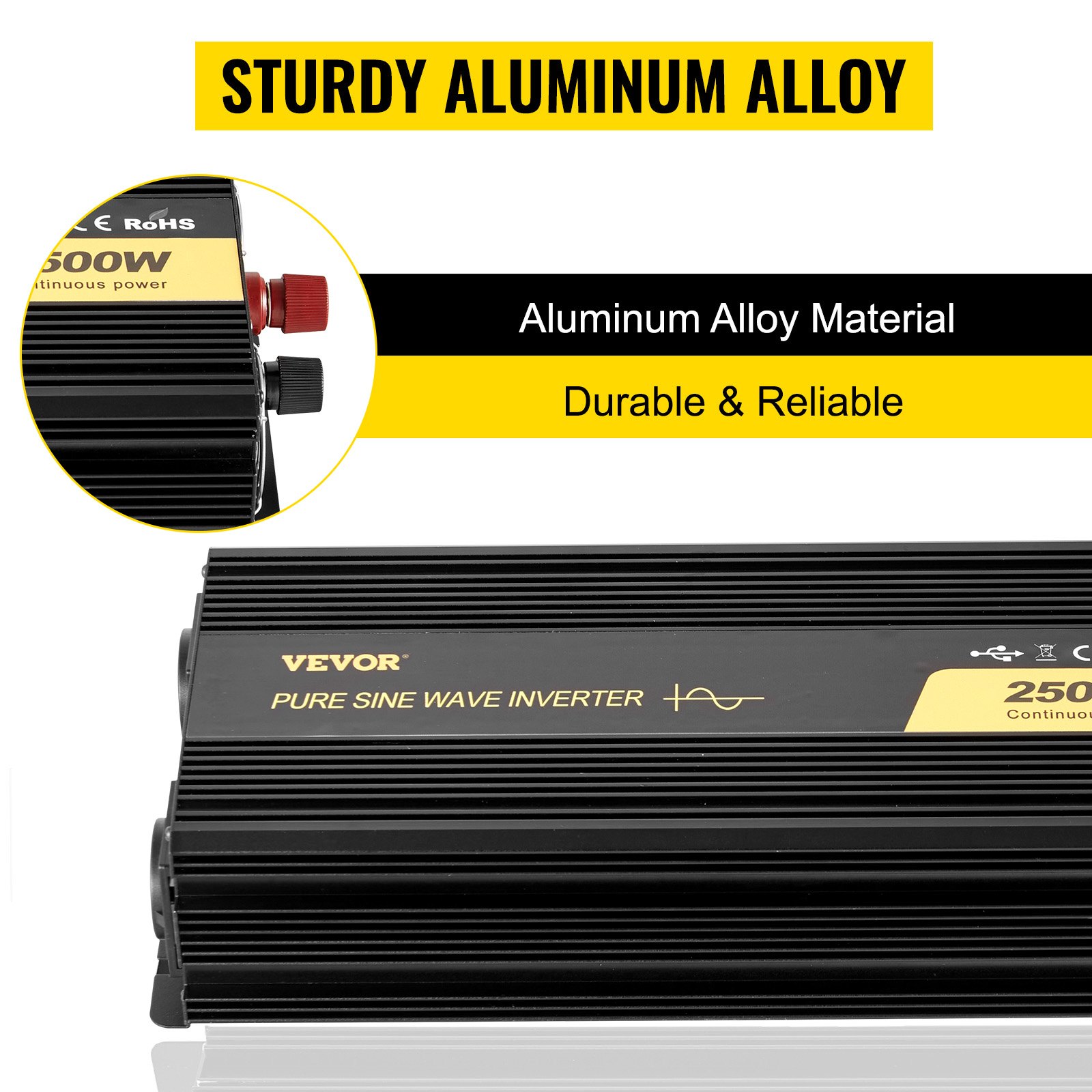 VEVOR 2500W Invertitore a Onda Sinusoidale Pura GYS-2500W con LCD, Potenza di Uscita, 12V CC a 230V CA, Inverter Onda Pura 12V 230V 2500W, Invertitore Convertitore di Potenza, con LCD e Telecomando