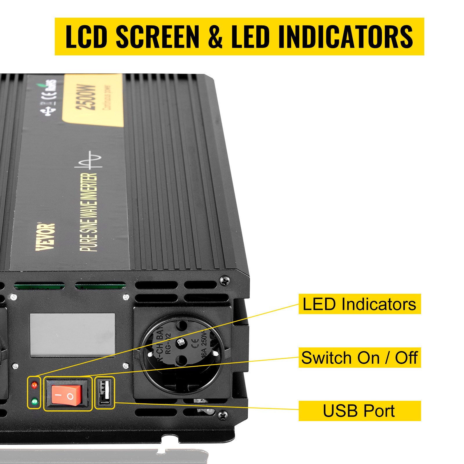 VEVOR 2500W Invertitore a Onda Sinusoidale Pura GYS-2500W con LCD, Potenza di Uscita, 12V CC a 230V CA, Inverter Onda Pura 12V 230V 2500W, Invertitore Convertitore di Potenza, con LCD e Telecomando