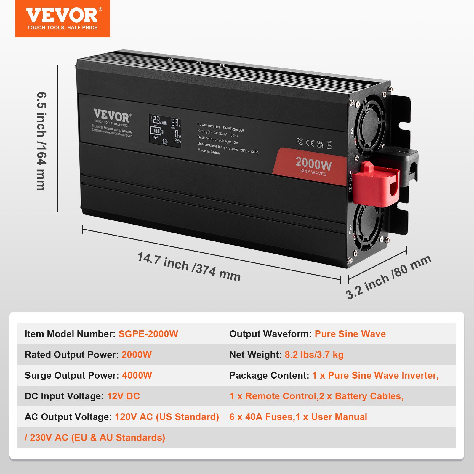 VEVOR Convertitore di Potenza a Onda Sinusoidale Pura, Convertitore di Potenza da 2000 W CC da 12 V a CA 230 V Display LCD e Telecomando per Apparecchiature Domestiche di Medie Dimensioni