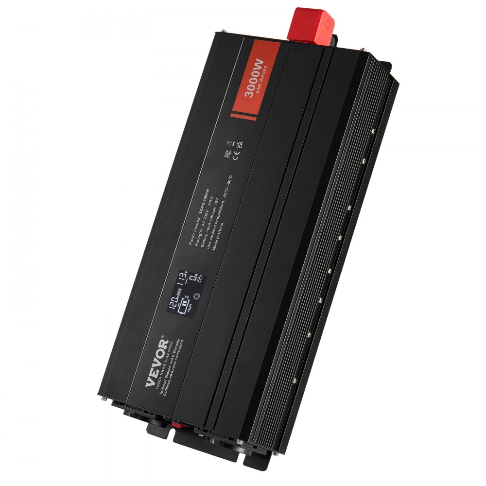 VEVOR Pure Sine Wave Inverter 3000W DC12V AC 230V Voltage Converter, 2 AC Outlets, 2 USB Ports, 1 Type-C Port, LCD Display and Remote Control for Large Household Appliances