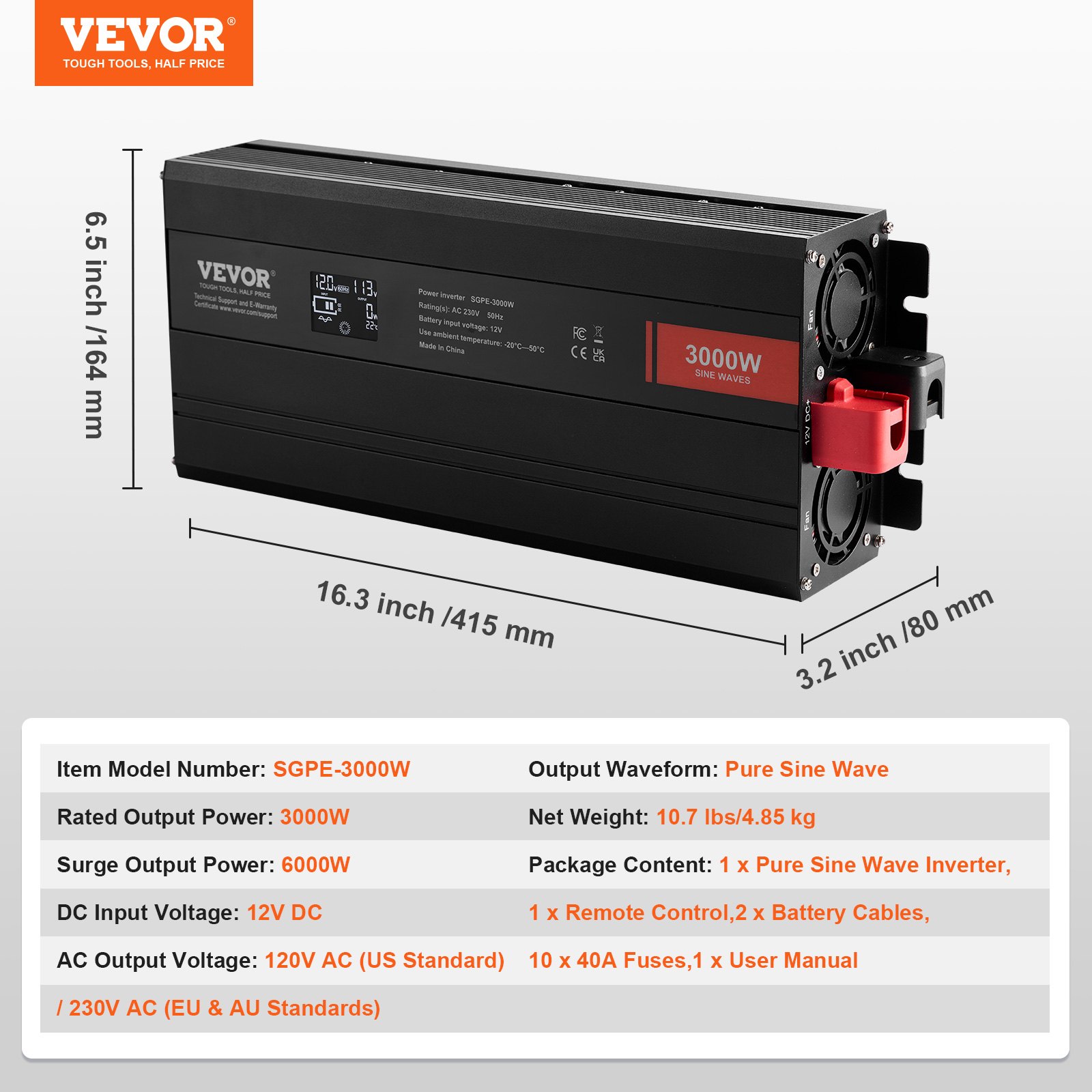 VEVOR Pure Sine Wave Inverter 3000W DC12V AC 230V Voltage Converter, 2 AC Outlets, 2 USB Ports, 1 Type-C Port, LCD Display and Remote Control for Large Household Appliances
