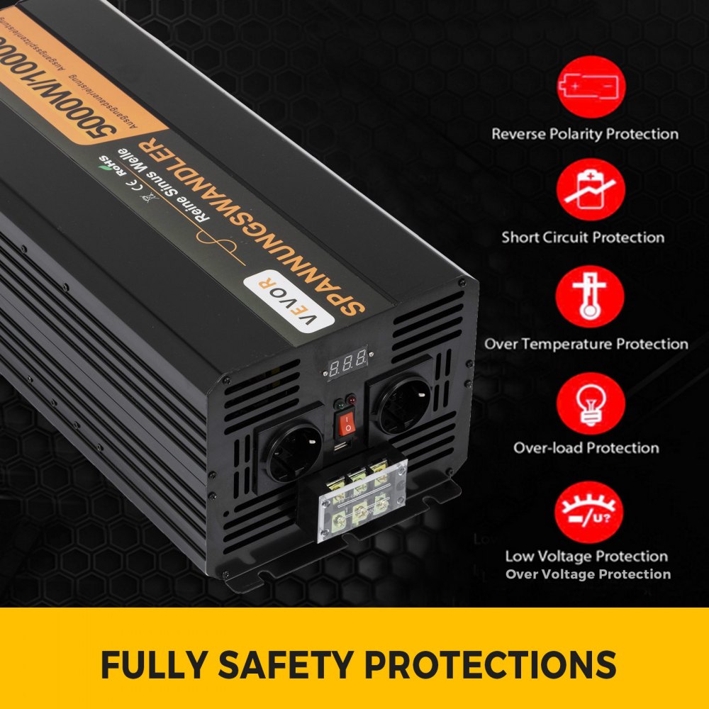 VEVOR Inverter di Potenza Sinusoidale Pura 5000W da 24V CC a 230V CA 50 Hz Potenza di Picco 10000W per Apparecchi e Emergenza del Sistema Solare