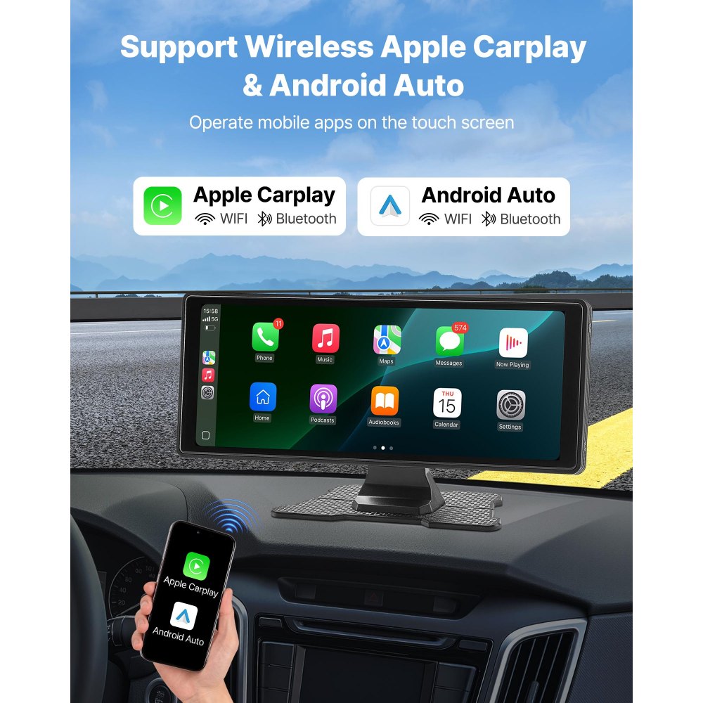VEVOR Autoradio Wireless 254 mm, Radio Portatile con Touch Screen, Radio HD con Apple CarPlay e Android Auto, Schermo CarPlay con Telecamere, Controllo Vocale, Bluetooth, Navigazione GPS