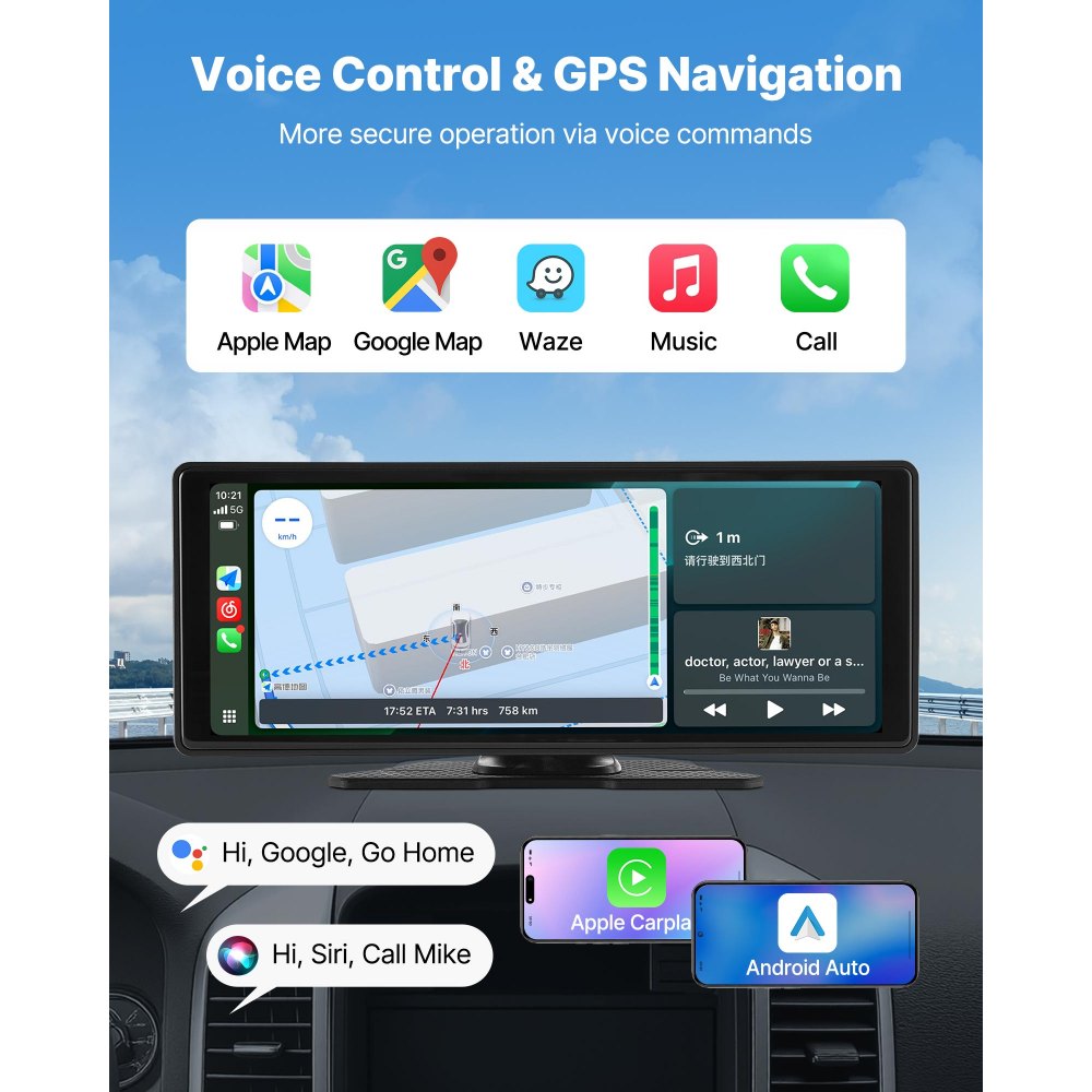 VEVOR Autoradio Wireless 254 mm, Radio Portatile con Touch Screen, Radio HD con Apple CarPlay e Android Auto, Schermo CarPlay con Telecamere, Controllo Vocale, Bluetooth, Navigazione GPS