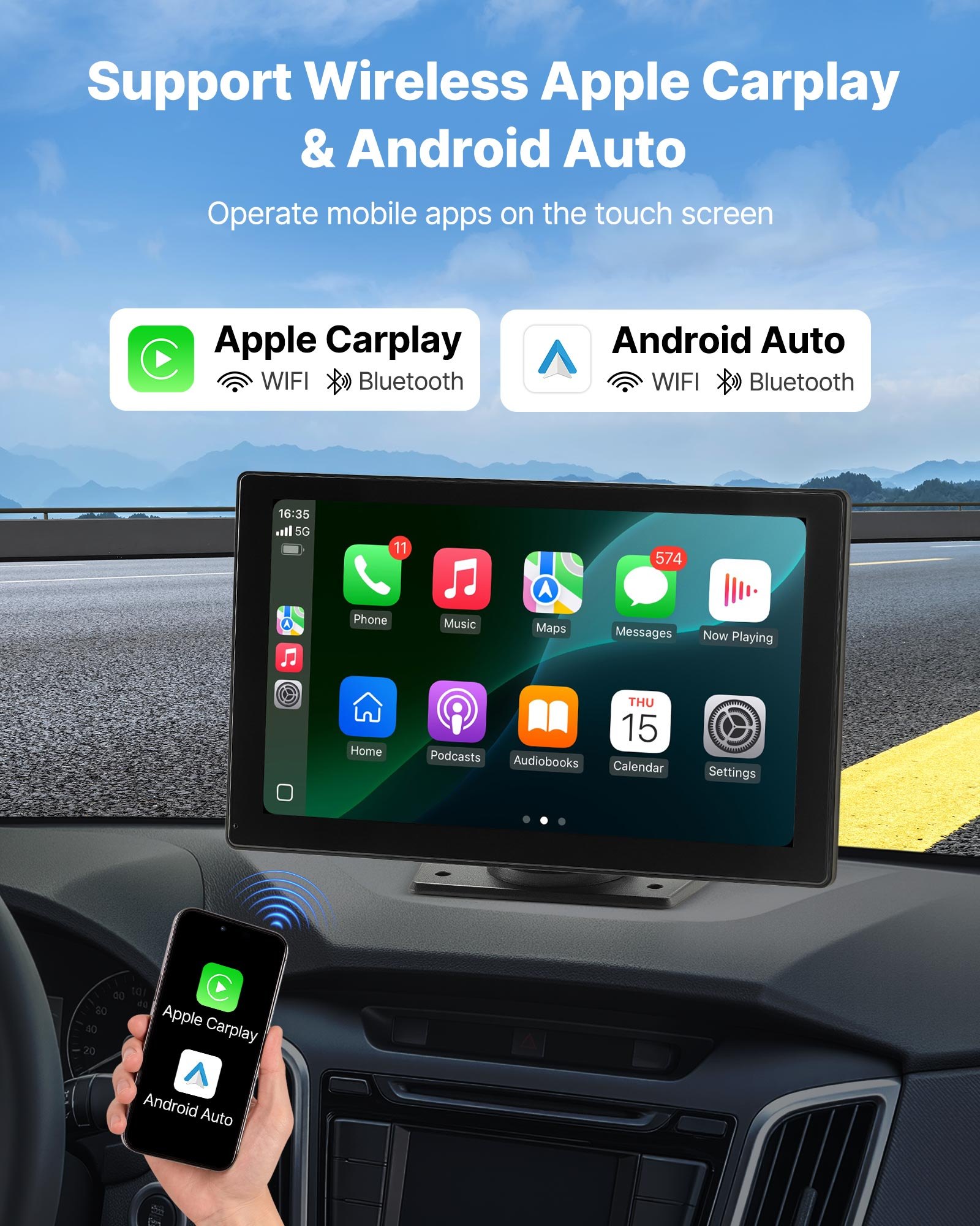 VEVOR Autoradio Portatile per Auto Senza Fili, Radio Portatile HD da 228,6 mm con Schermo Tattile per Apple CarPlay e Android Auto, con Telecamere Anteriori e Posteriori, Bluetooth, Navigazione GPS