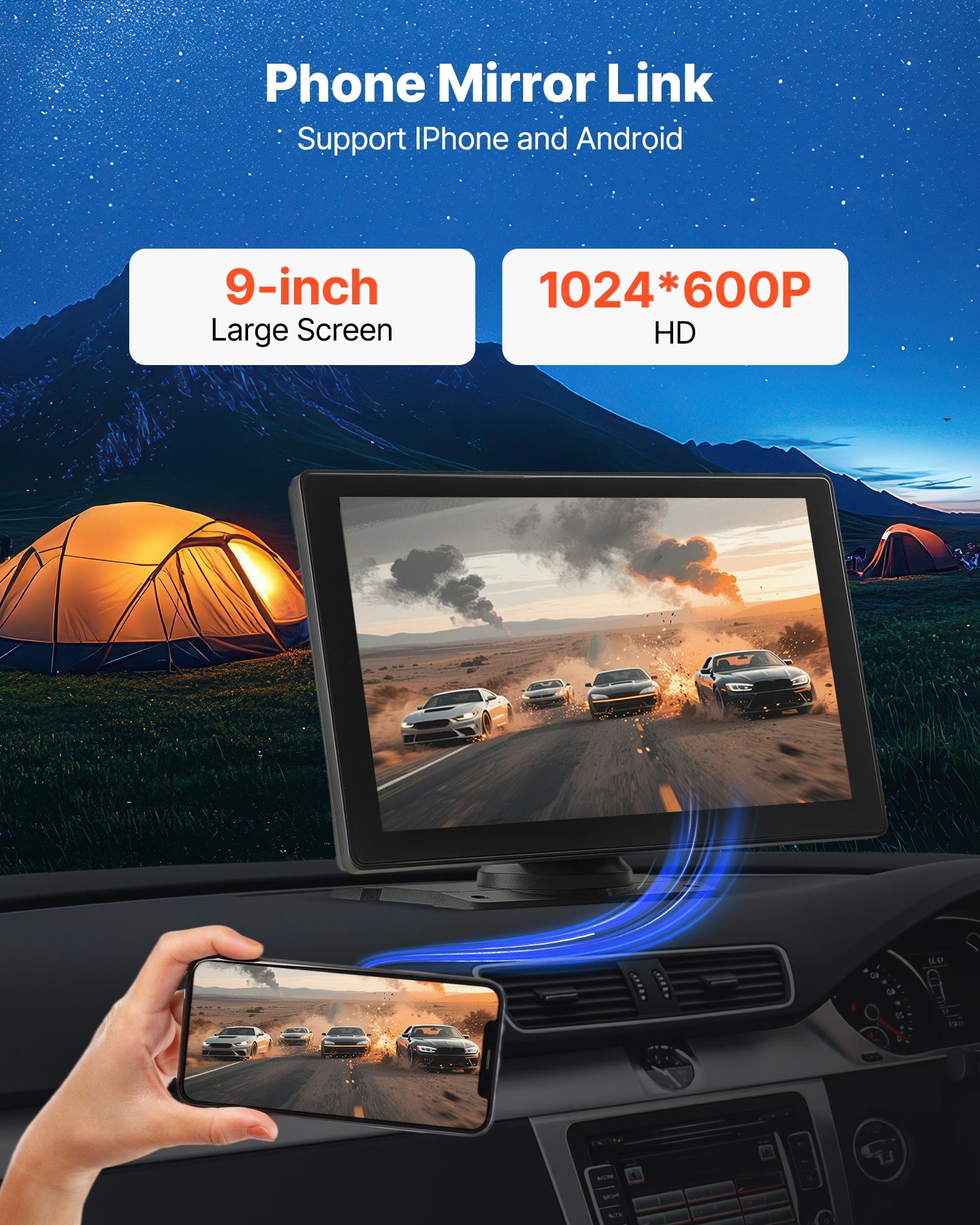 VEVOR Autoradio Portatile per Auto Senza Fili, Radio Portatile HD da 228,6 mm con Schermo Tattile per Apple CarPlay e Android Auto, con Telecamere Anteriori e Posteriori, Bluetooth, Navigazione GPS