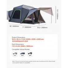 VEVOR Tenda da Campeggio con Tendalino Tenda da Esterno SUV 305 x 310 x 230 cm