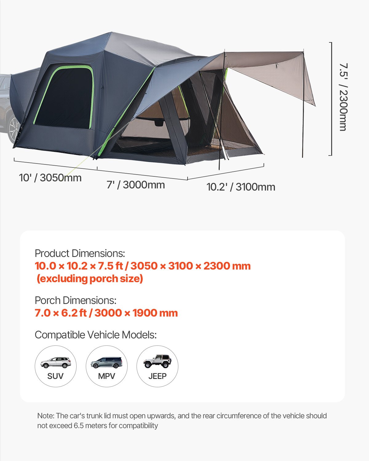 VEVOR SUV Tent Camping Car Tent (305 x 310 x 230 cm) Waterproof PU2000 Spacious Double Layer Design for 5-8 People, SUV Camping Tent with Shade Awning & Mesh Windows & Rain Canopy & Bag