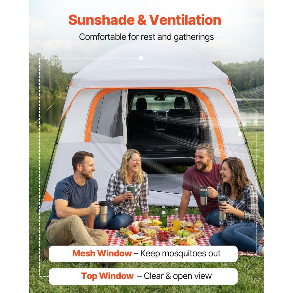 VEVOR Large SUV Tent for 6 Person, 3.05 x 2.74m 3-Season SUV Tailgate Tent with Ventilated Doors & Mesh Windows, PU2000mm Waterproof Dual-Use Car Rear Hatch Tents for Outdoor Camping Hiking