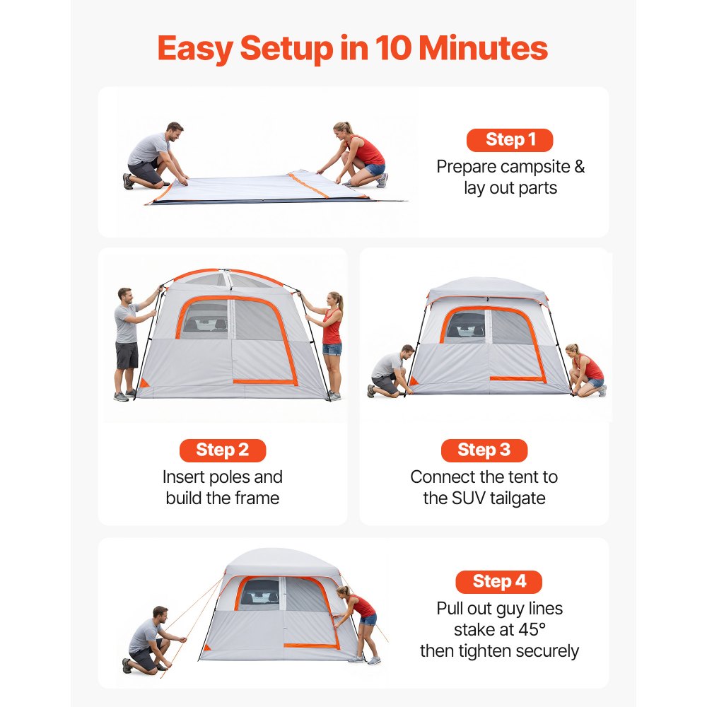 VEVOR Large SUV Tent for 6 Person, 3.05 x 2.74m 3-Season SUV Tailgate Tent with Ventilated Doors & Mesh Windows, PU2000mm Waterproof Dual-Use Car Rear Hatch Tents for Outdoor Camping Hiking