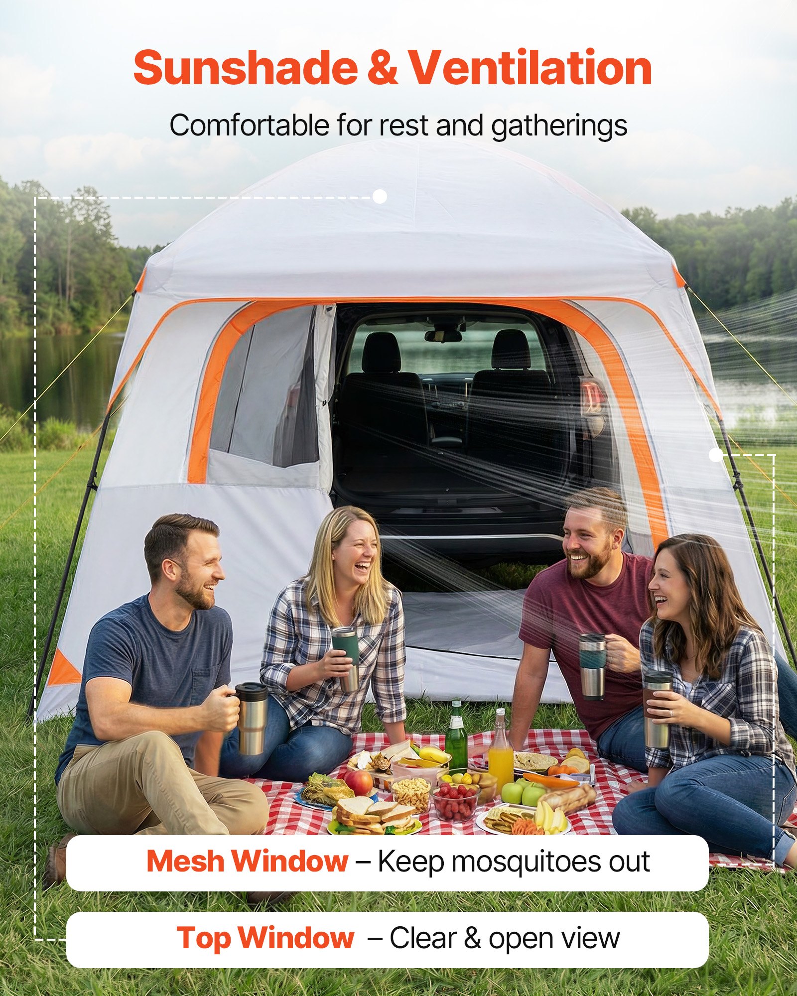 VEVOR Large SUV Tent for 6 Person, 3.05 x 2.74m 3-Season SUV Tailgate Tent with Ventilated Doors & Mesh Windows, PU2000mm Waterproof Dual-Use Car Rear Hatch Tents for Outdoor Camping Hiking