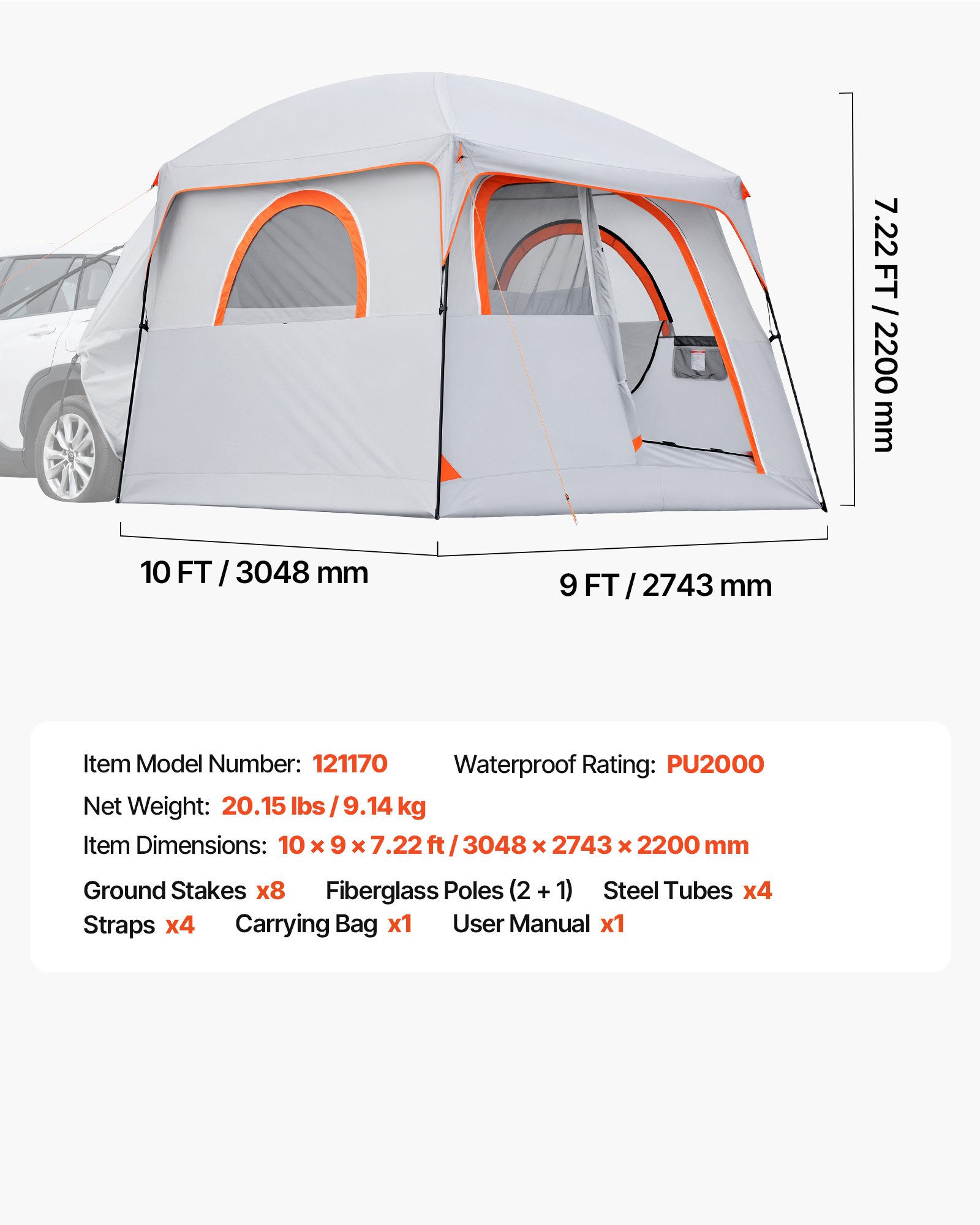 VEVOR Large SUV Tent for 6 Person, 3.05 x 2.74m 3-Season SUV Tailgate Tent with Ventilated Doors & Mesh Windows, PU2000mm Waterproof Dual-Use Car Rear Hatch Tents for Outdoor Camping Hiking