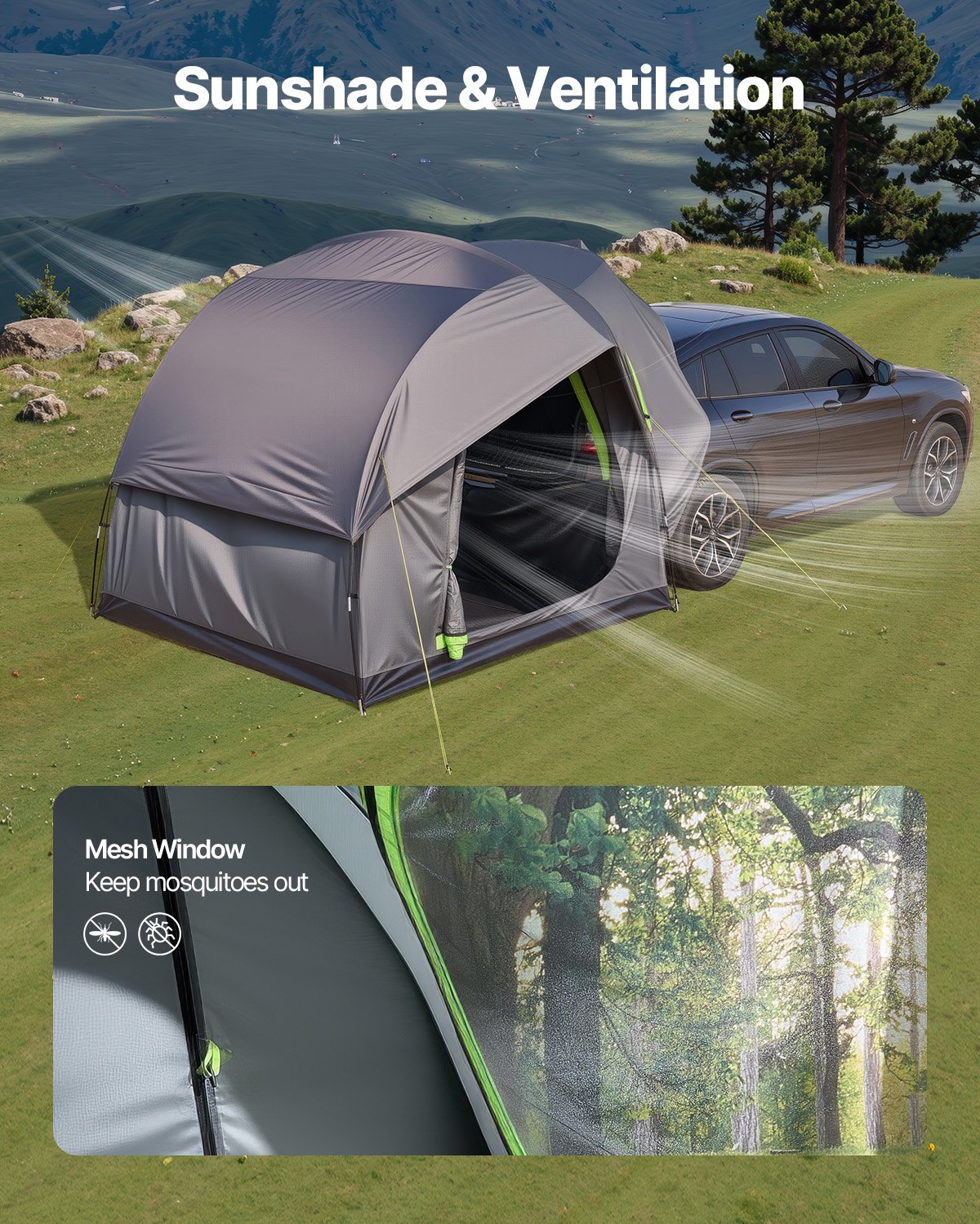 VEVOR SUV Tent Camping Car Tent (240 x 240 x 215 cm) Waterproof PU2000 Spacious Double Layer Design for 5-8 People, SUV Camping Tent with 2 Doors & Mesh Windows & Rain Canopy & Bag