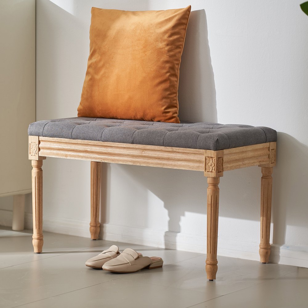 VEVOR Upholstered Vanity Bench 80 x 40 x 48 cm, Rectangular Vanity Bench, Rubberwood Legs, Bed Bench, Hallway Bench, Stool Bench, Entrance Bench for Dining Room, Living Room, Bedroom, Hallway, Gray